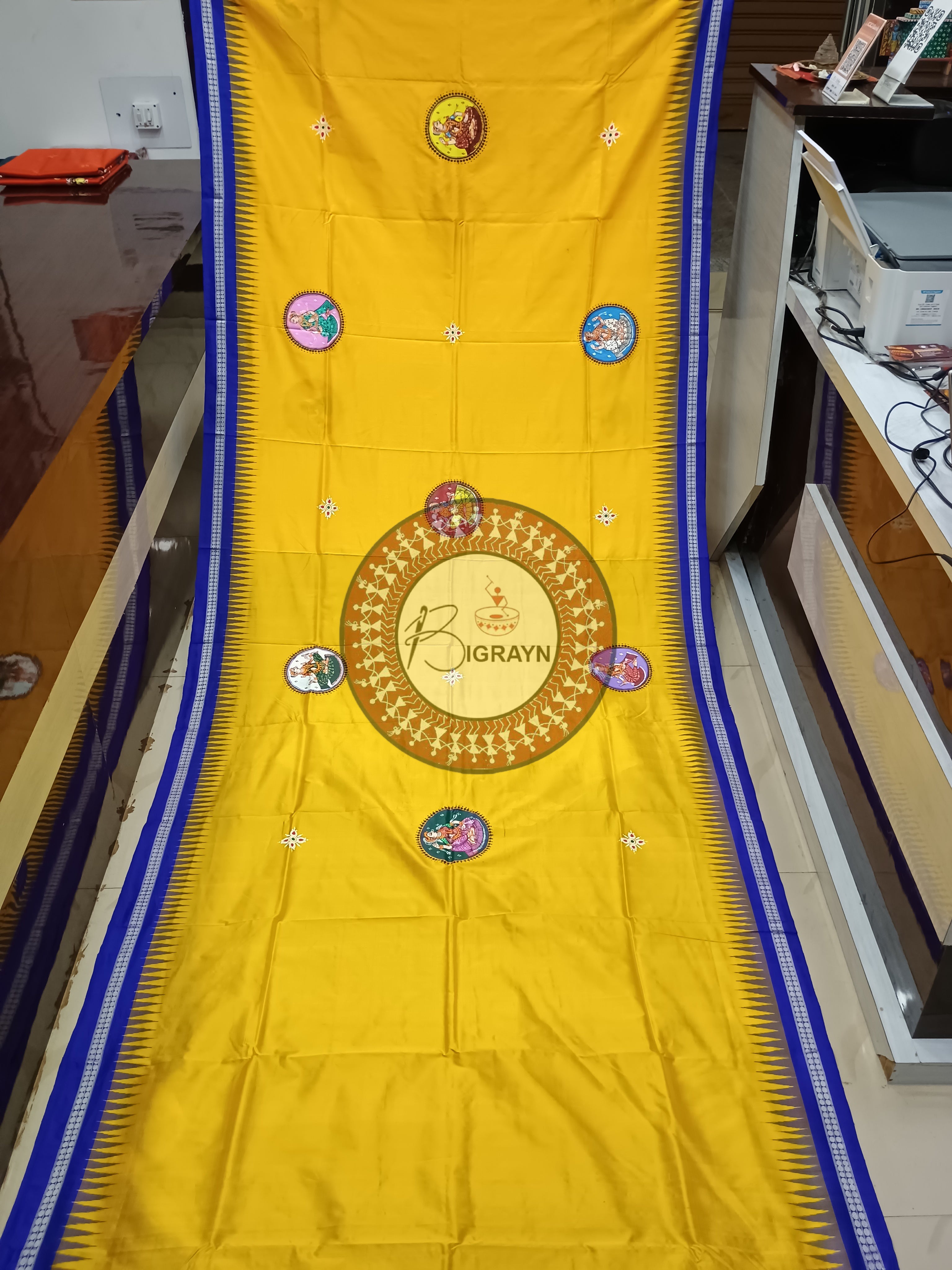 Yellow Blue Kandarpa Kalash Theme Pattachitra Sambalpuri Silk Saree