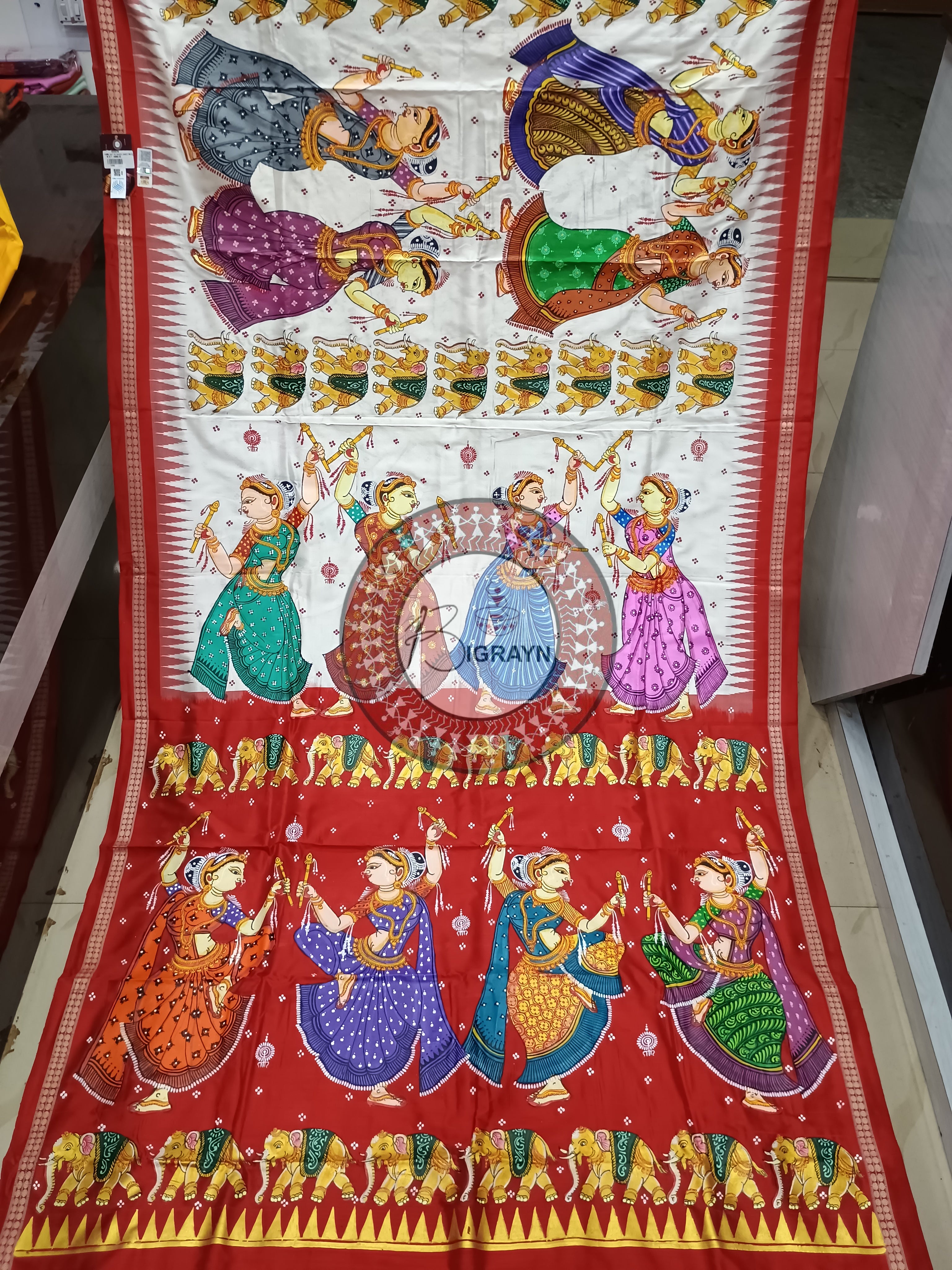 White Red Dandia Dance Theme Pattachitra Sambalpuri Silk Saree