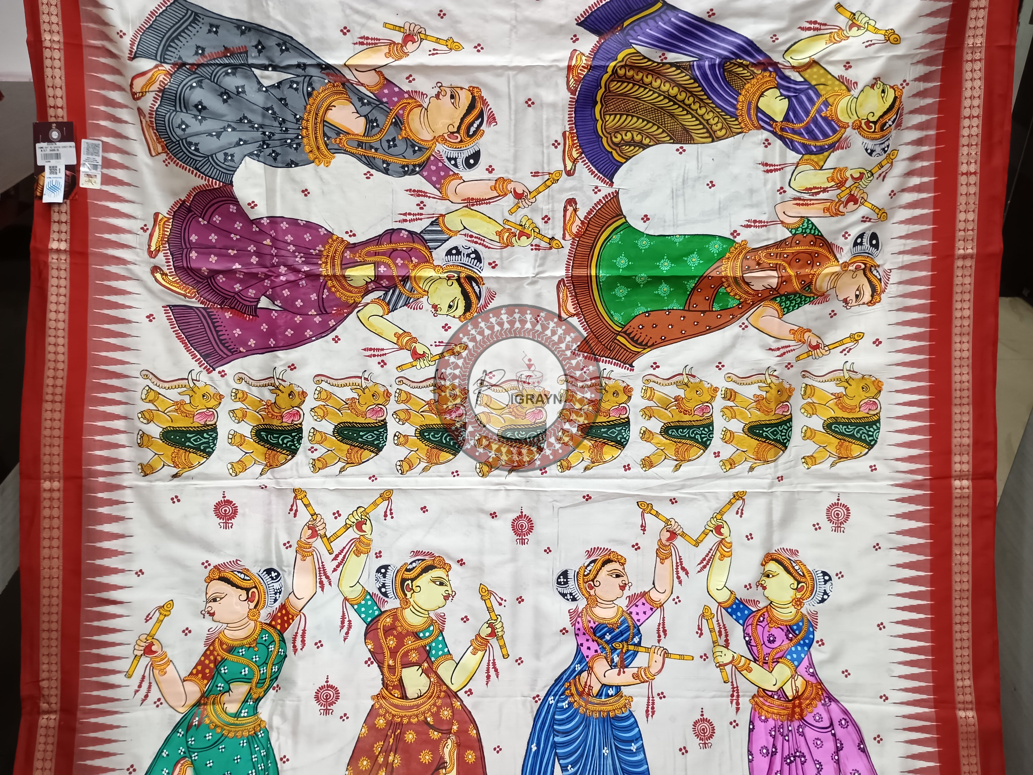 White Red Dandia Dance Theme Pattachitra Sambalpuri Silk Saree