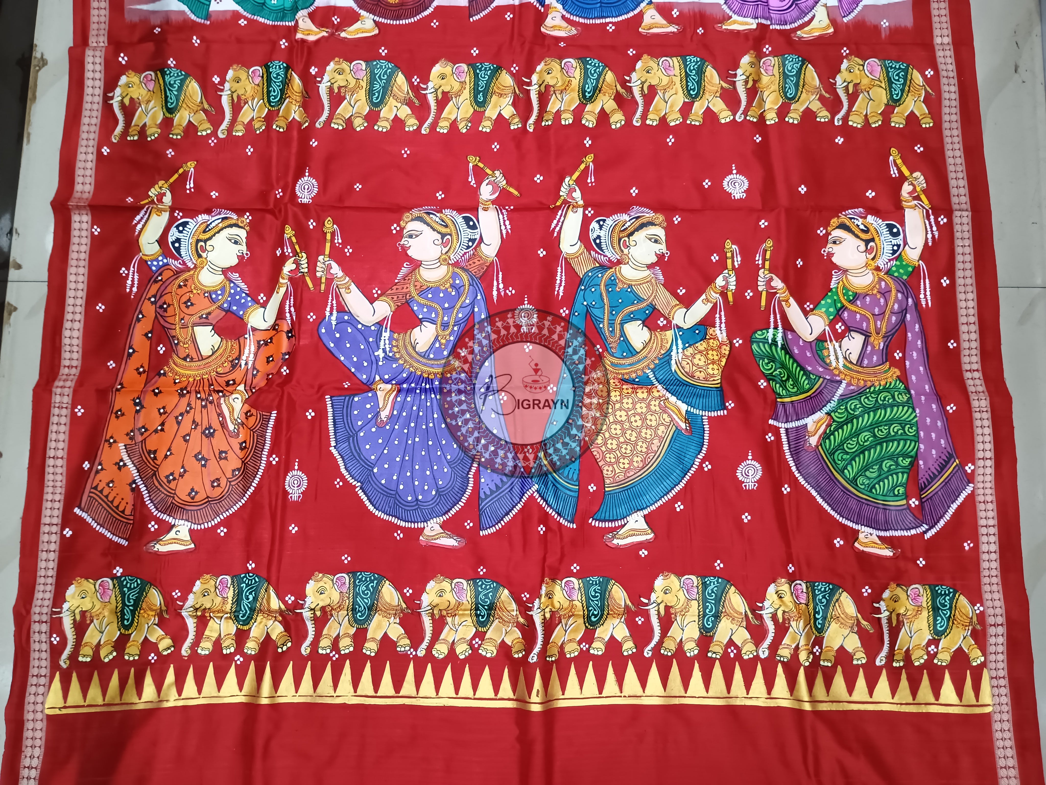 White Red Dandia Dance Theme Pattachitra Sambalpuri Silk Saree