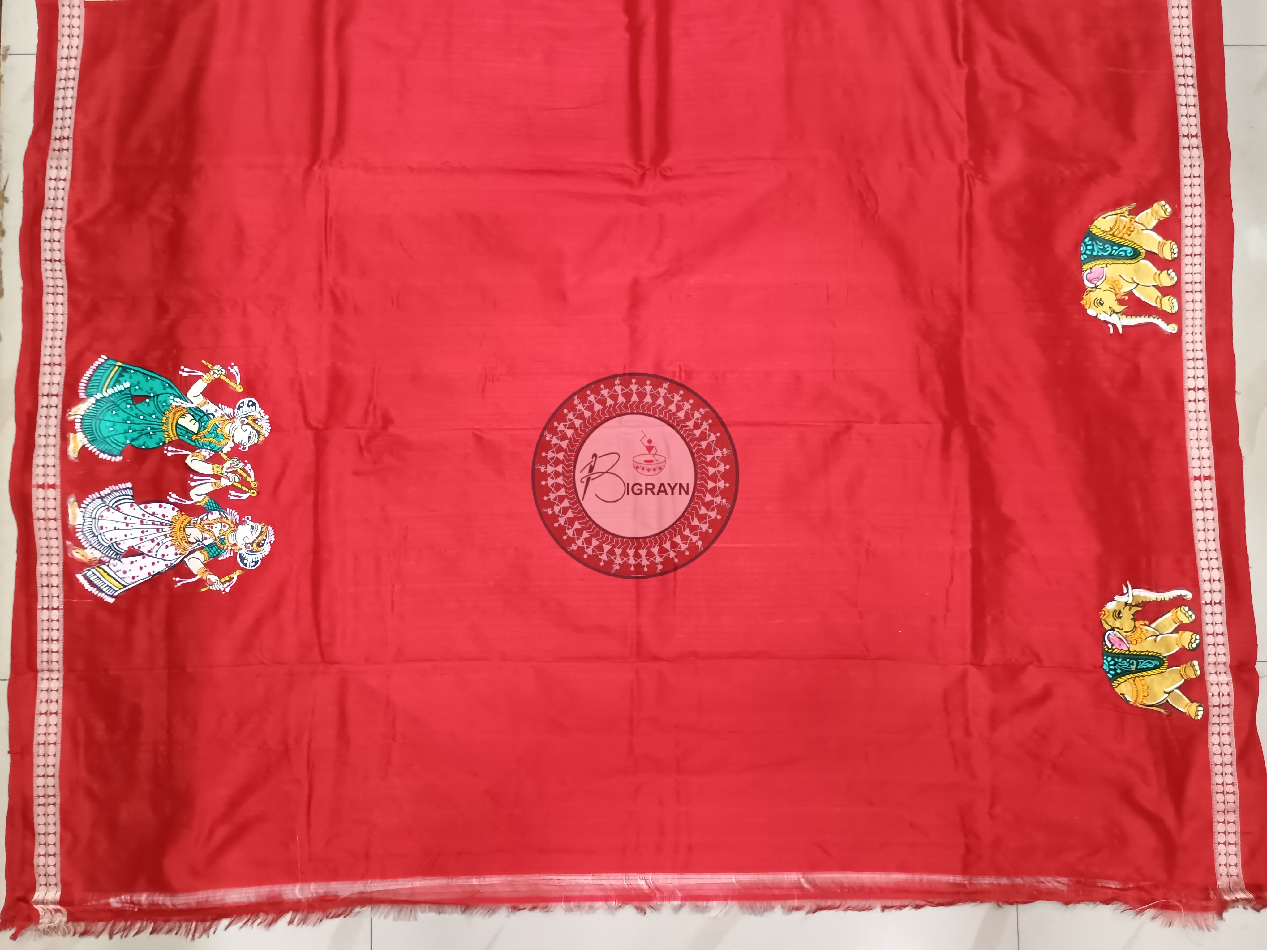 White Red Dandia Dance Theme Pattachitra Sambalpuri Silk Saree