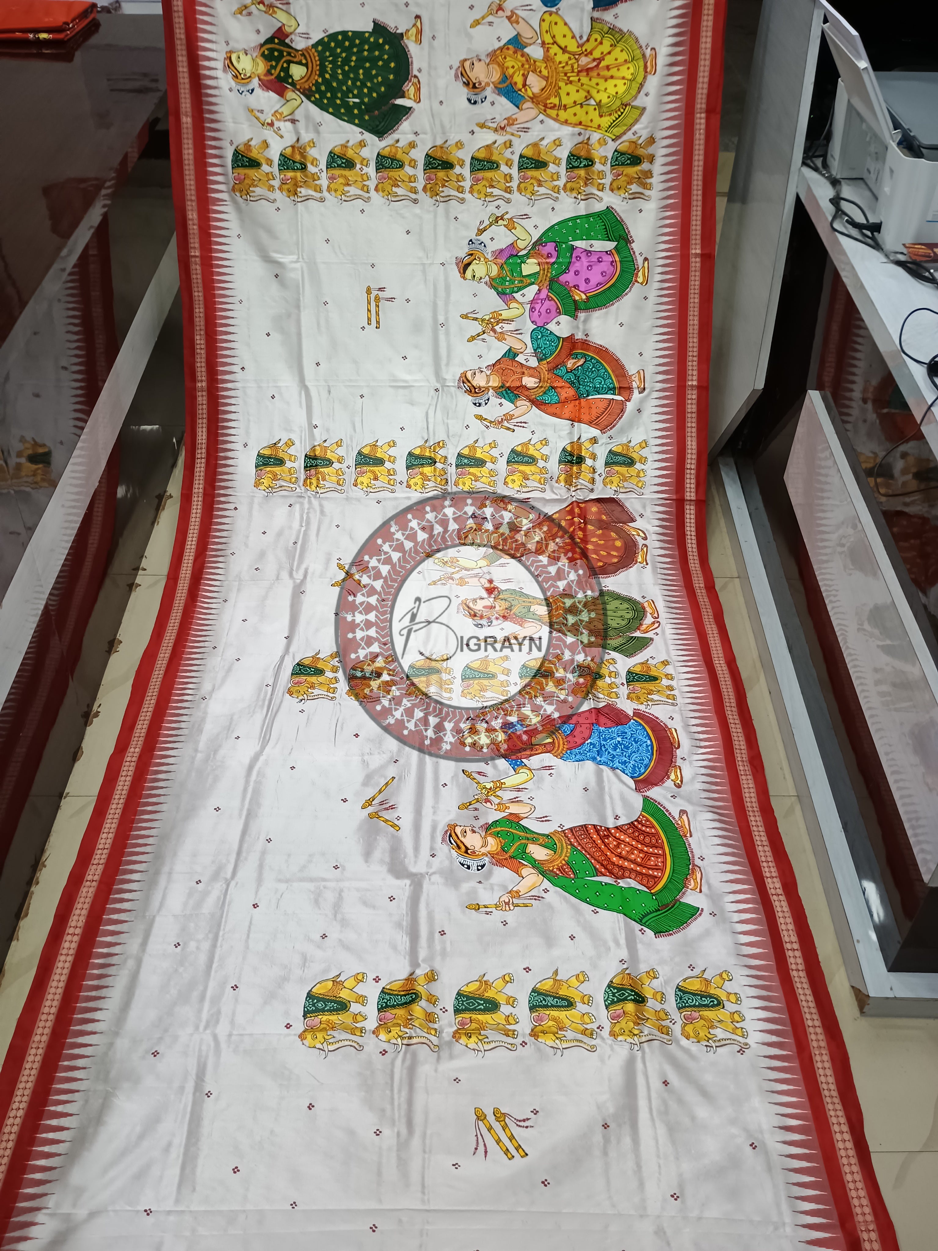 White Red Dandia Dance Theme Pattachitra Sambalpuri Silk Saree