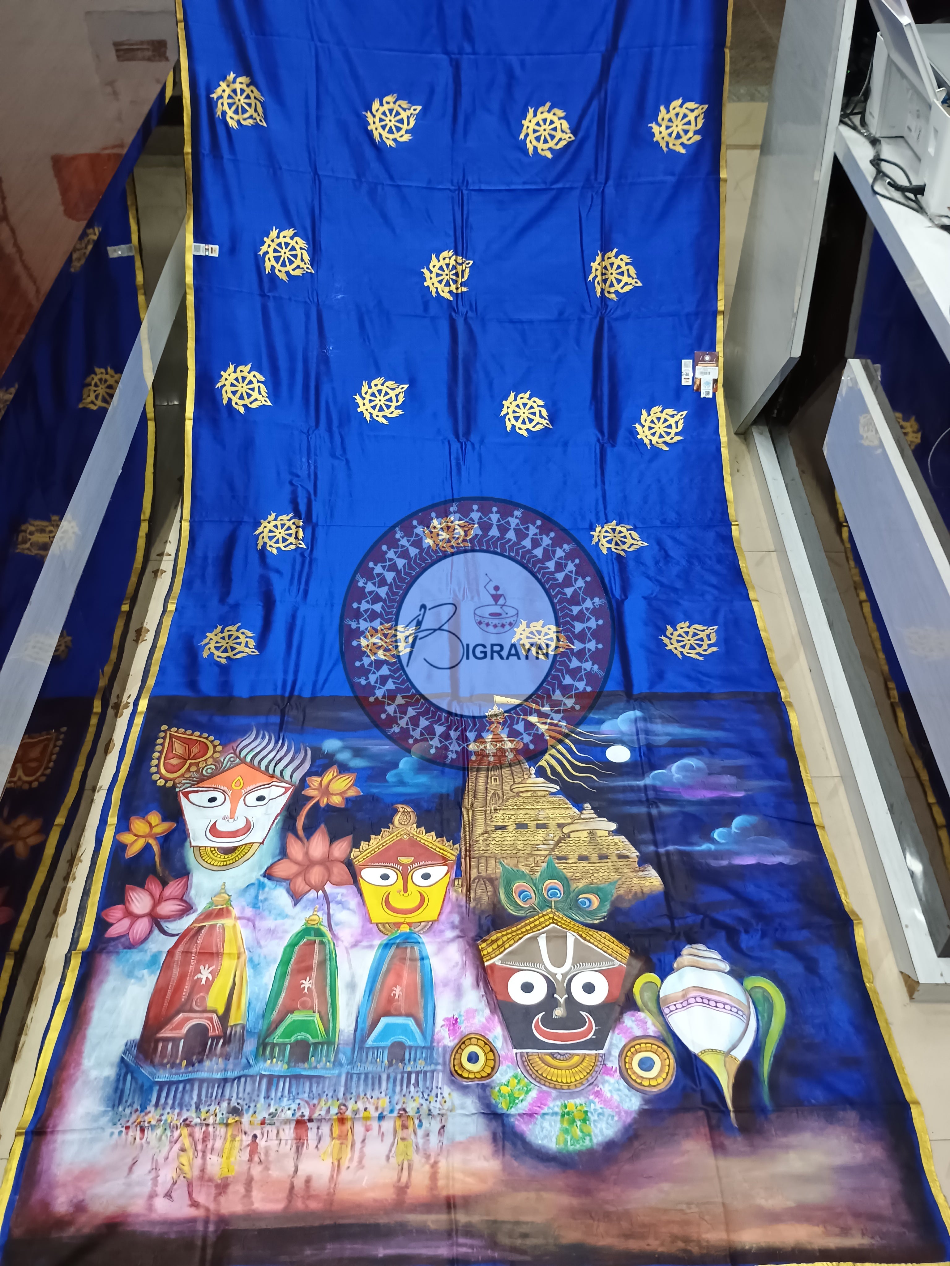 Blue Golden Jagannath Rathyatra Pattachitra Sambalpuri Silk Saree