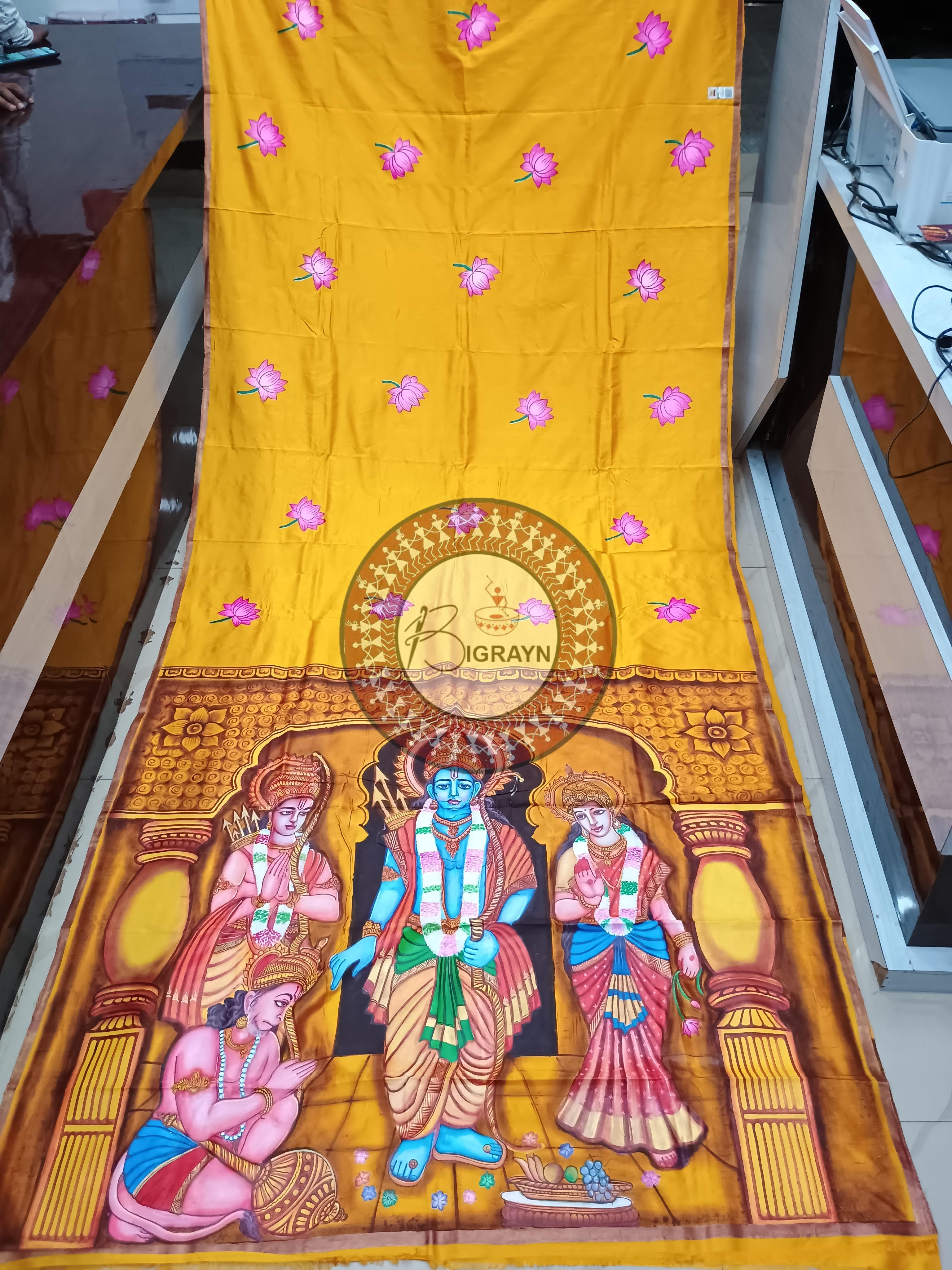Golden Yellow Rama Sita Theme Pattachitra Sambalpuri Silk Saree