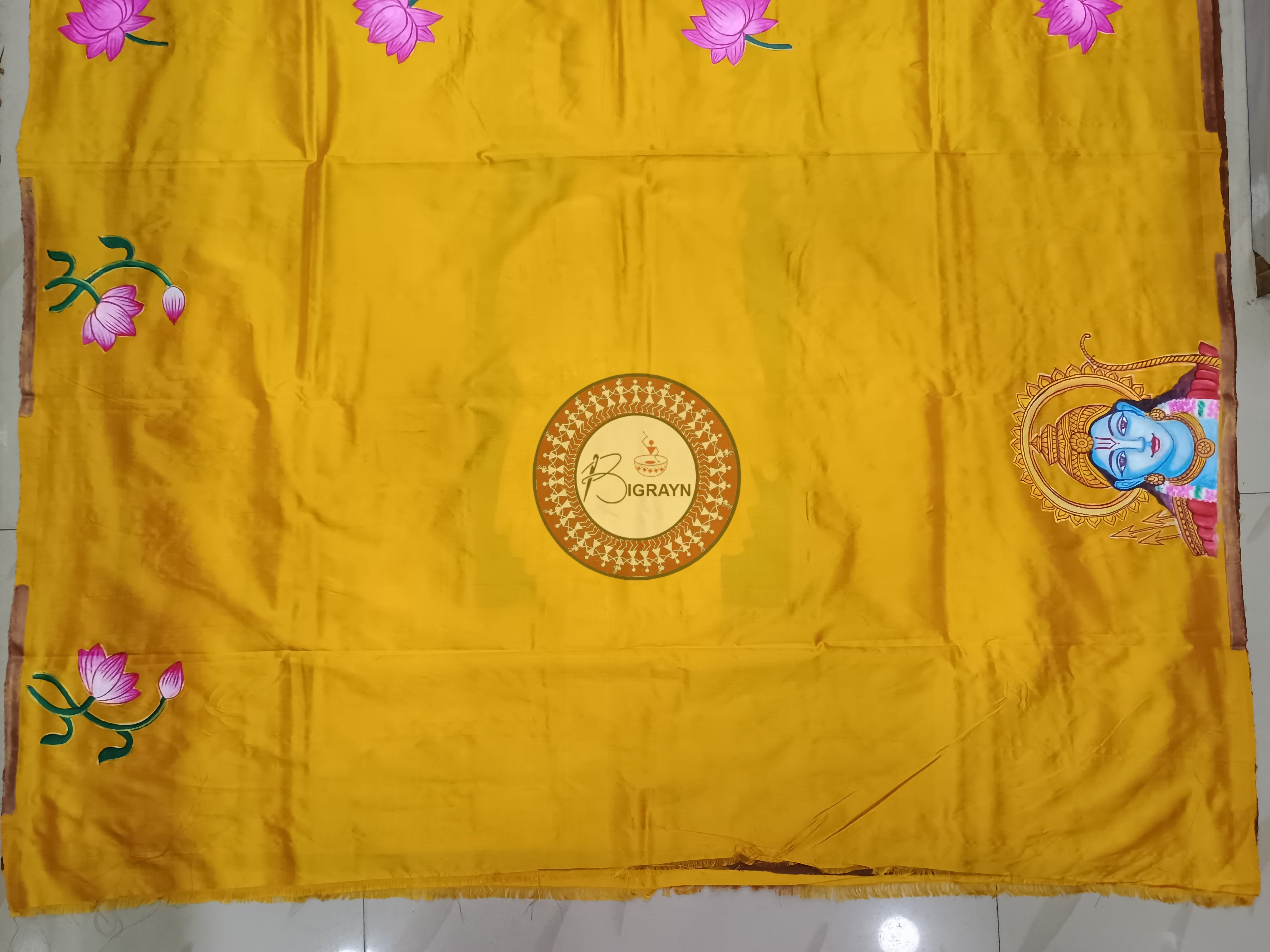 Golden Yellow Rama Sita Theme Pattachitra Sambalpuri Silk Saree