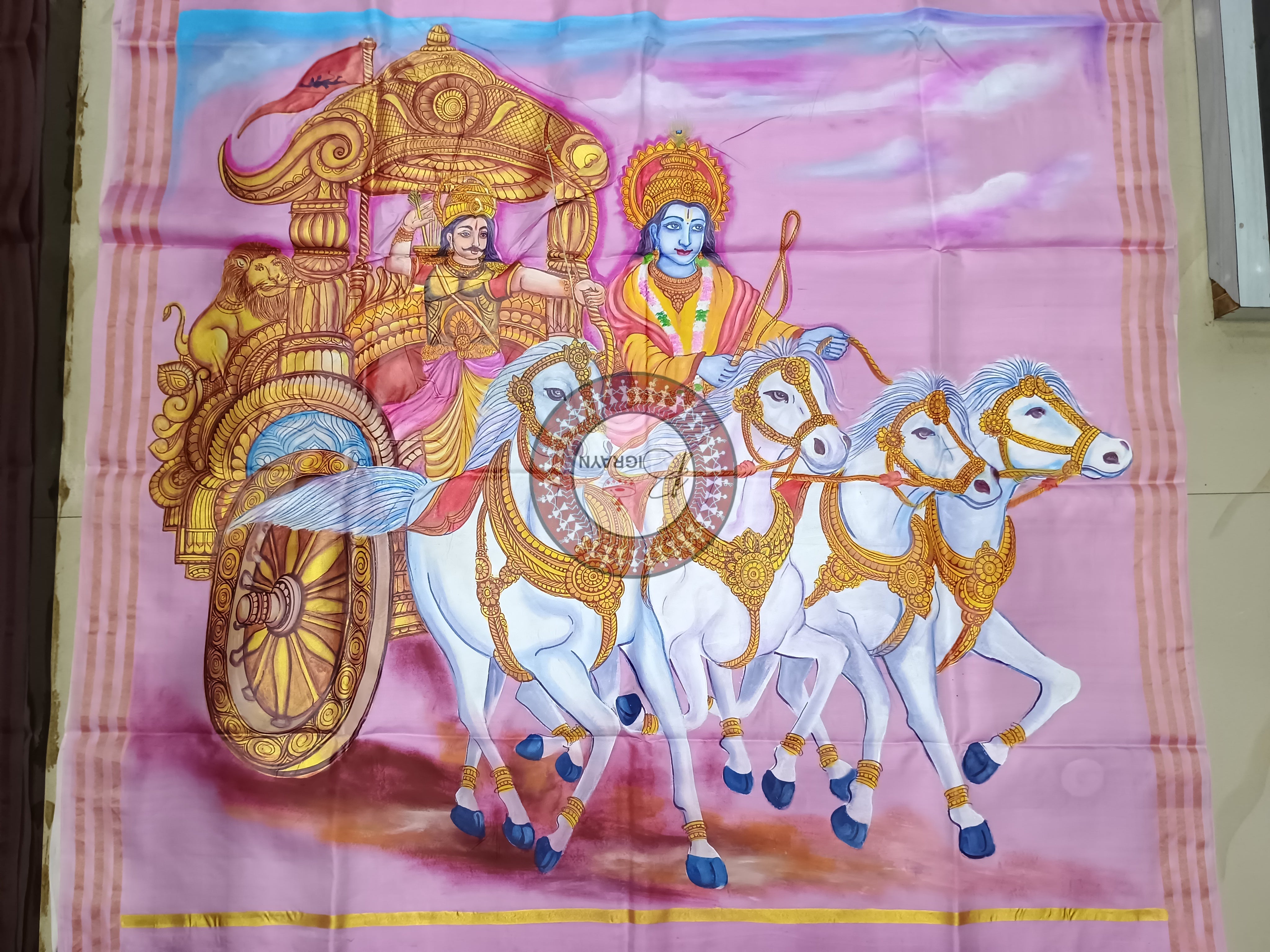 Pink Mahabharat Theme Pattachitra Kanjivaram Silk Saree