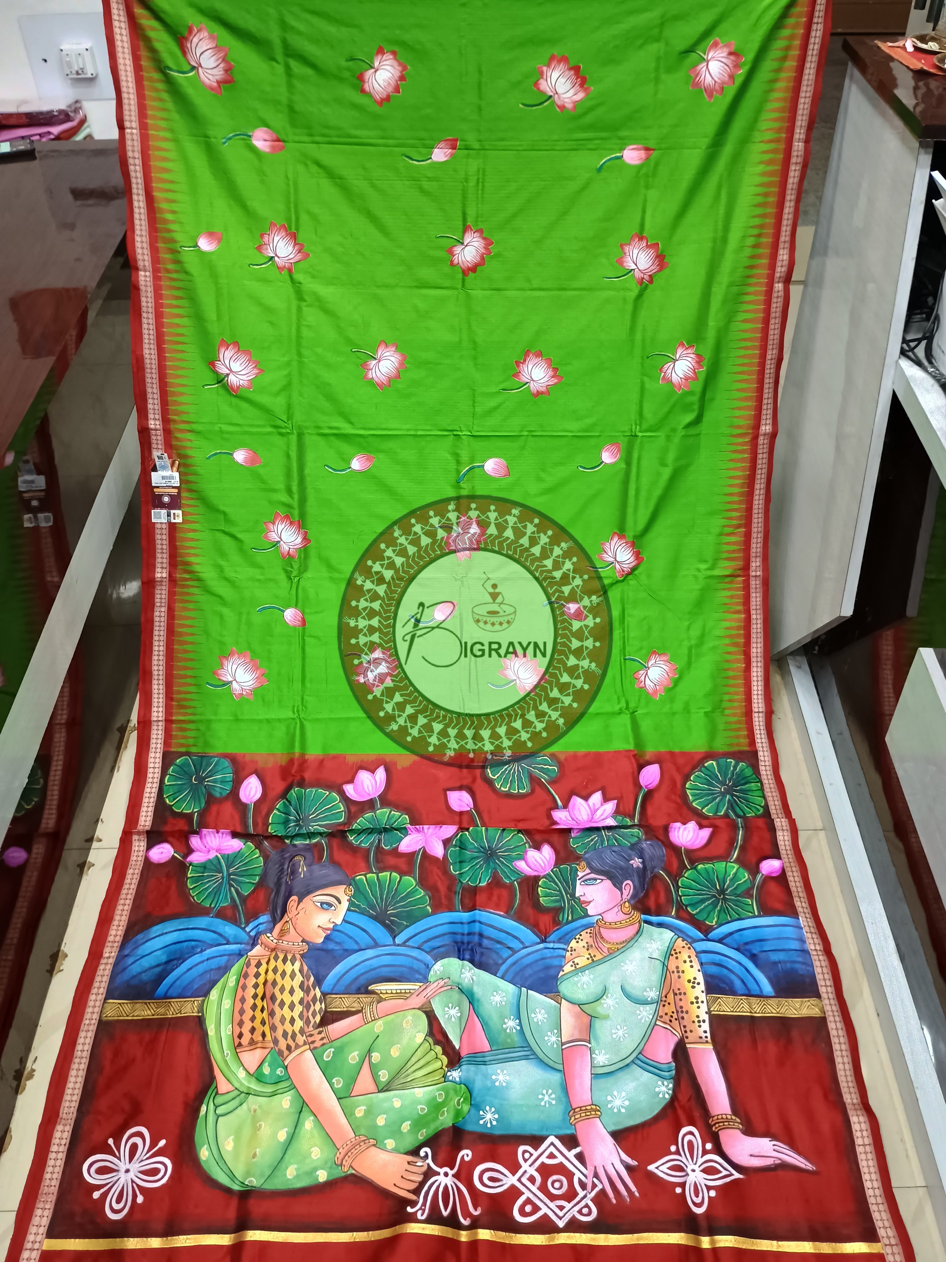 Green Red Women Jhoti Pattachitra Sambalpuri Silk Saree