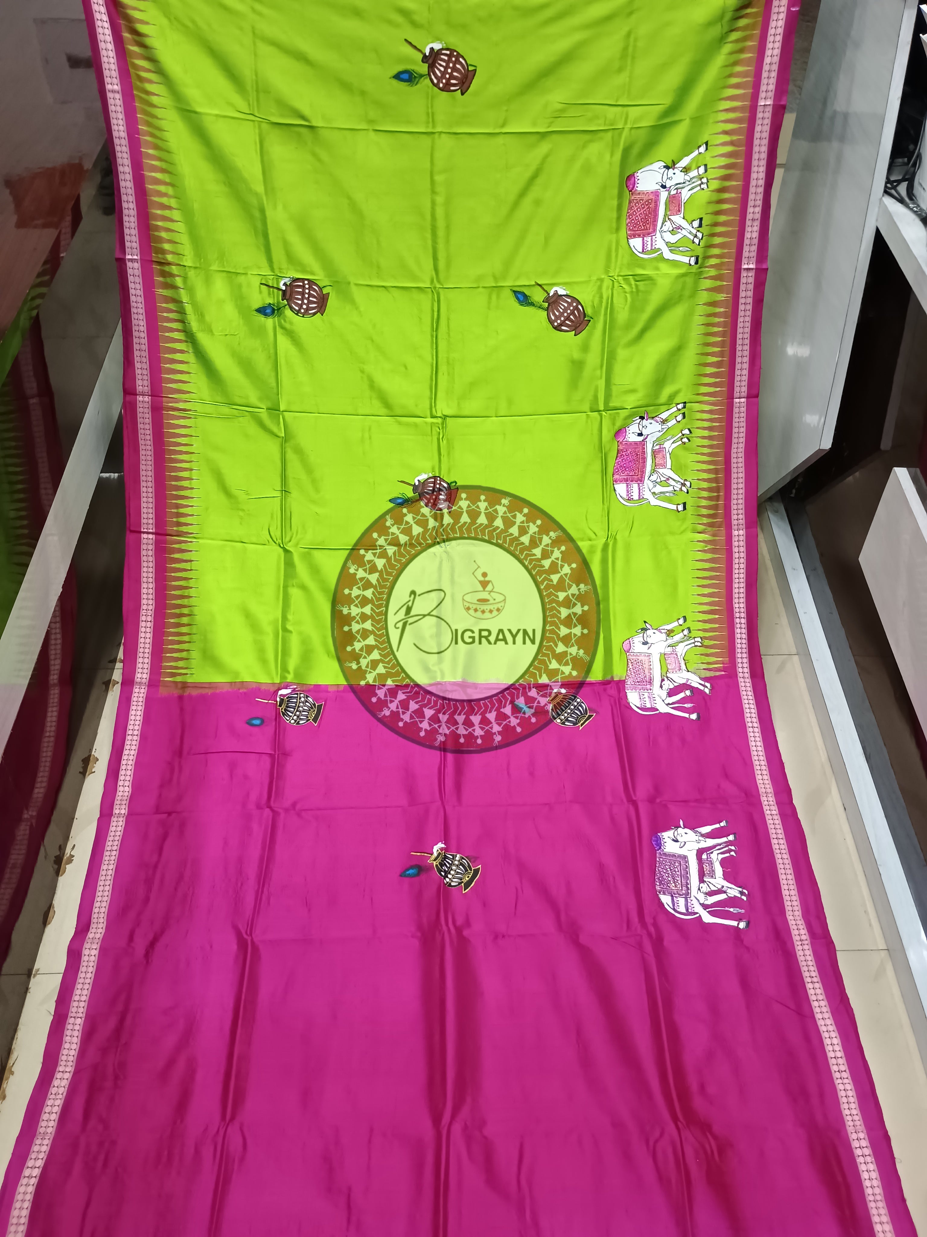 Neon Magenta Kamadhenu Pattachitra Sambalpuri Silk Saree