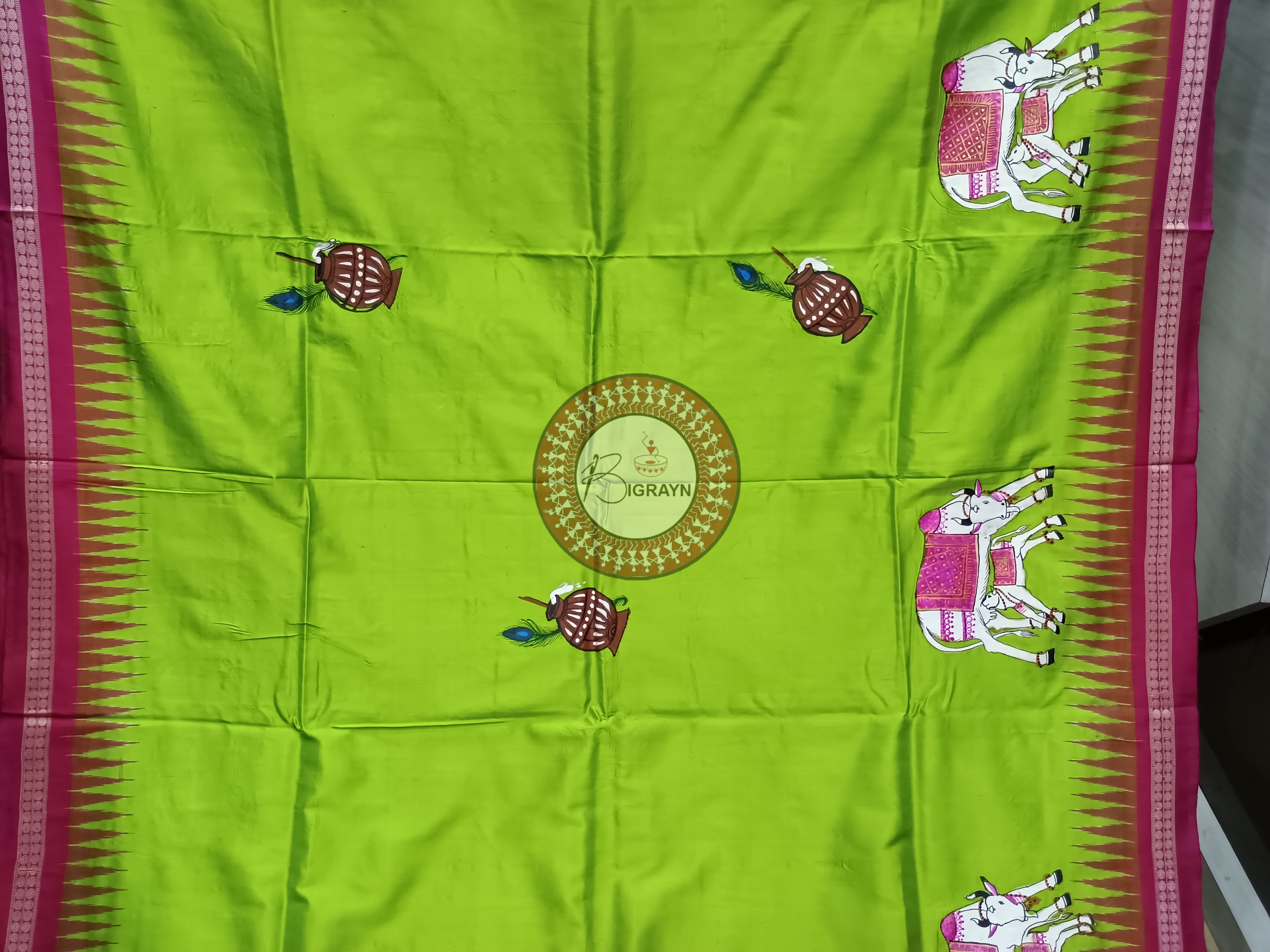 Neon Magenta Kamadhenu Pattachitra Sambalpuri Silk Saree