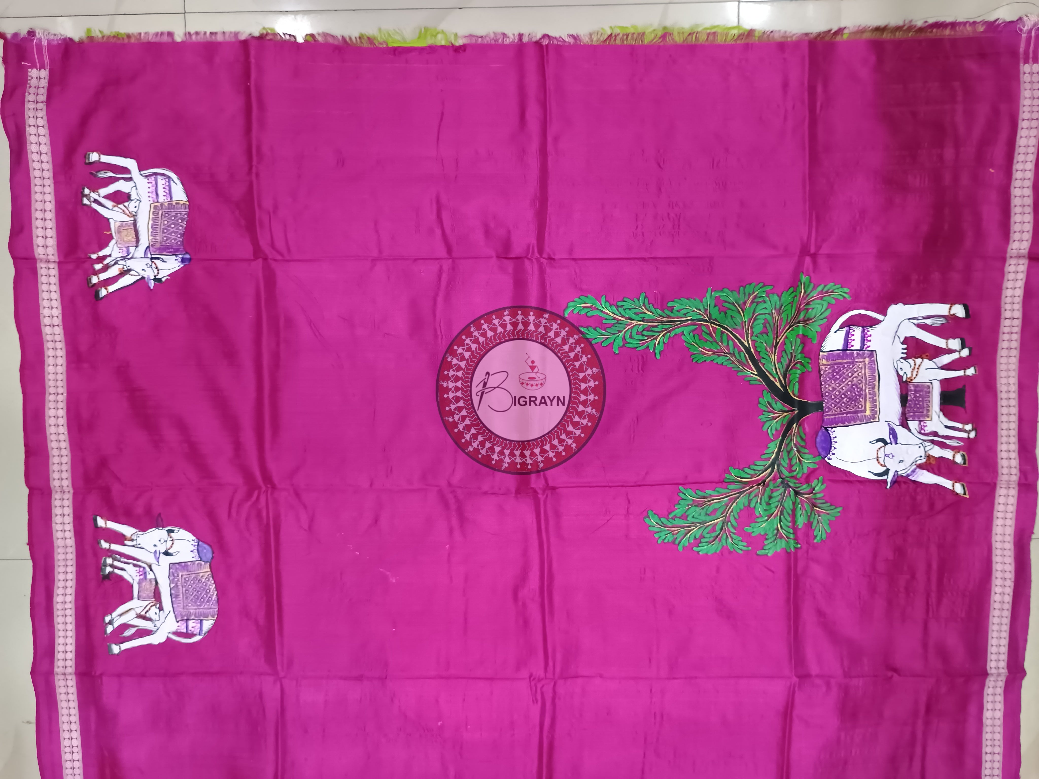 Neon Magenta Kamadhenu Pattachitra Sambalpuri Silk Saree
