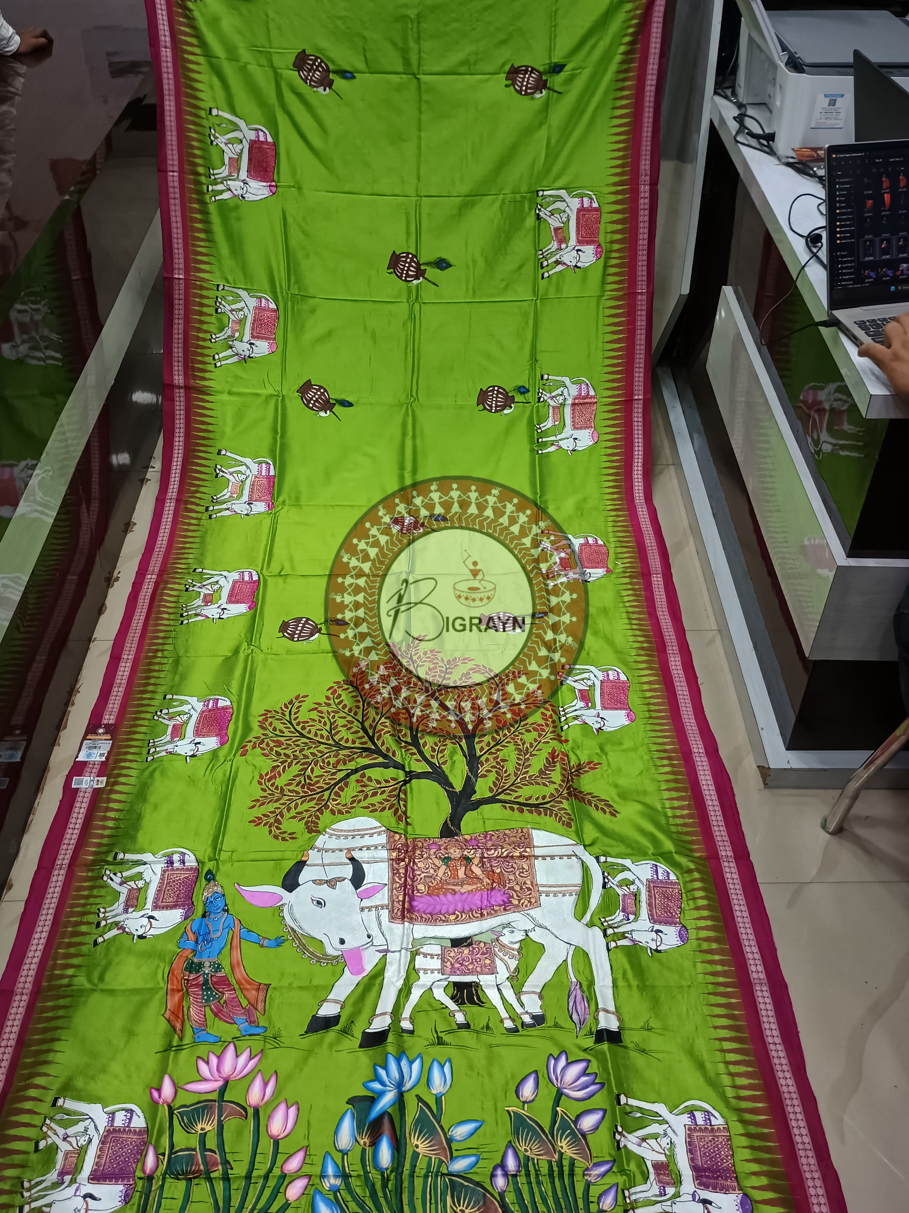 Neon Magenta Kamadhenu Pattachitra Sambalpuri Silk Saree
