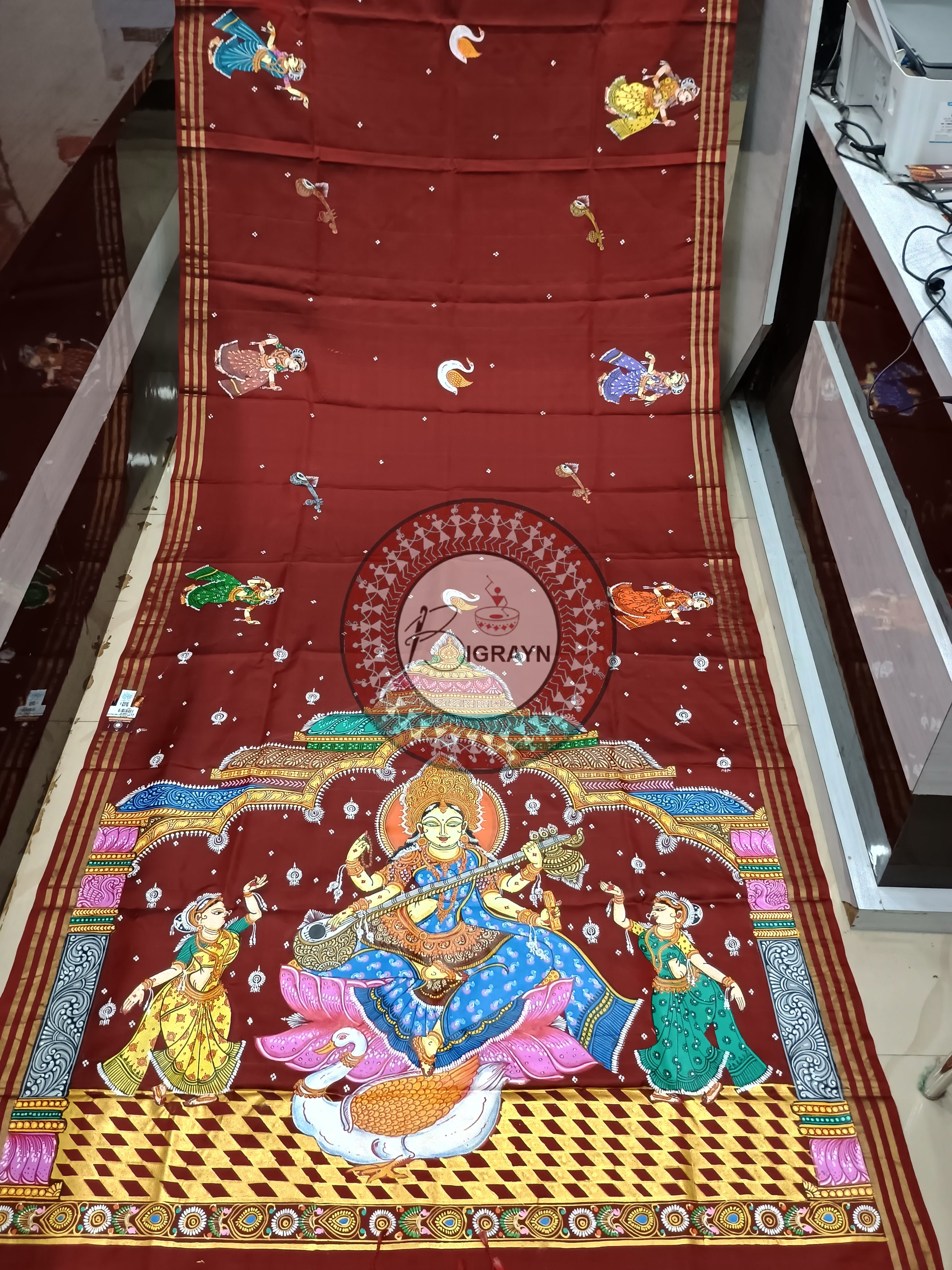 Maroon Saraswati Maa Theme Pattachitra Kanjivaram Silk Saree