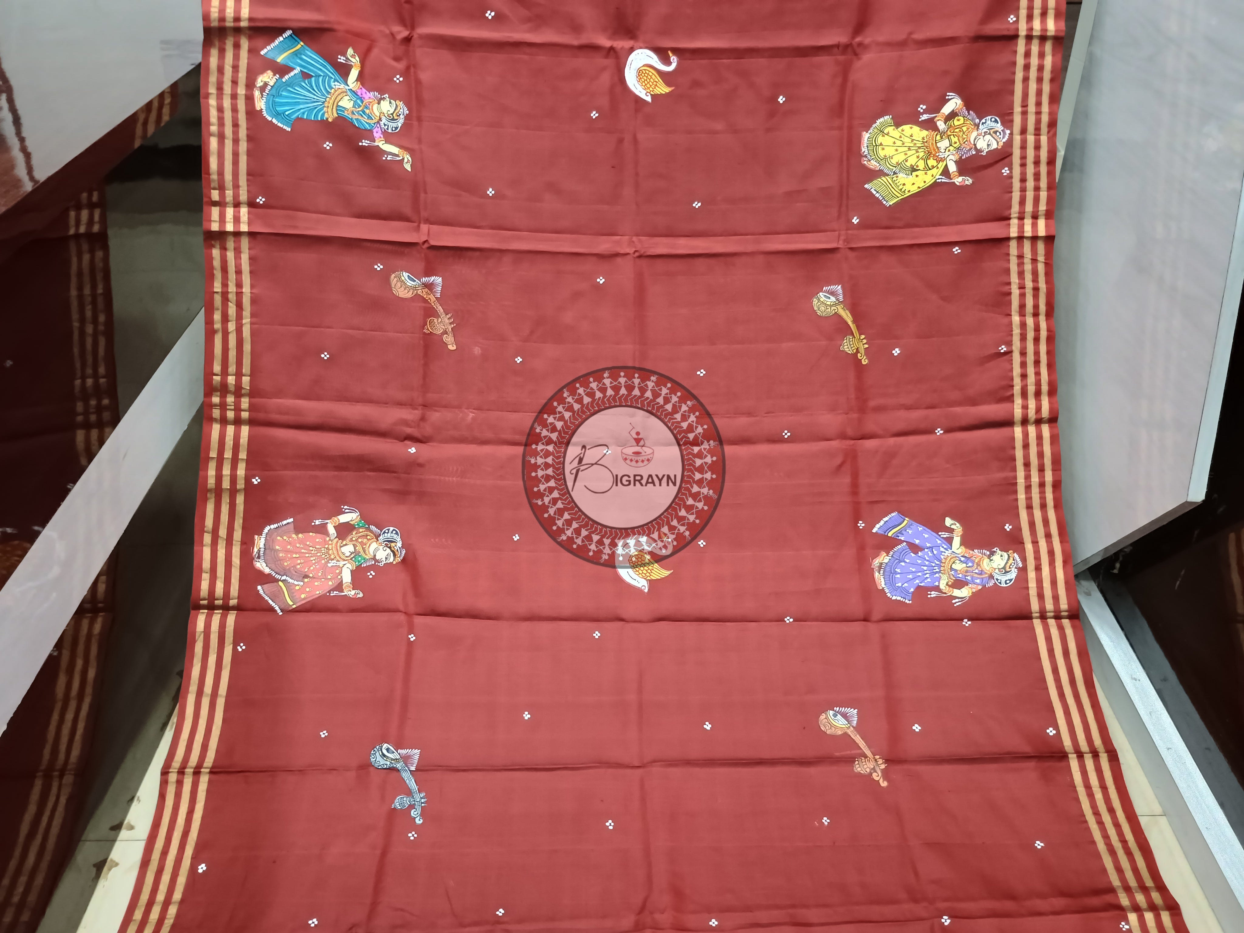 Maroon Saraswati Maa Theme Pattachitra Kanjivaram Silk Saree
