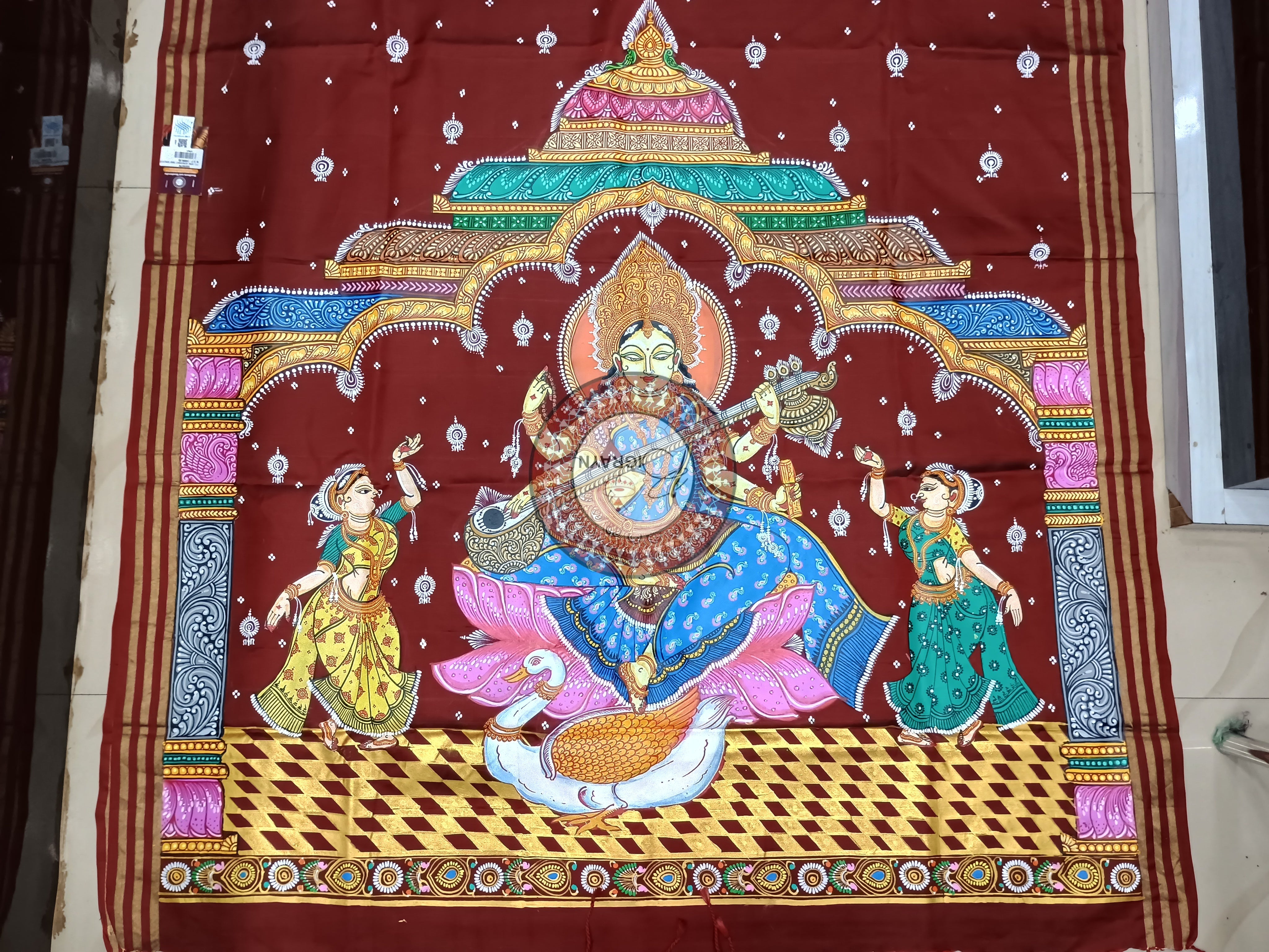 Maroon Saraswati Maa Theme Pattachitra Kanjivaram Silk Saree