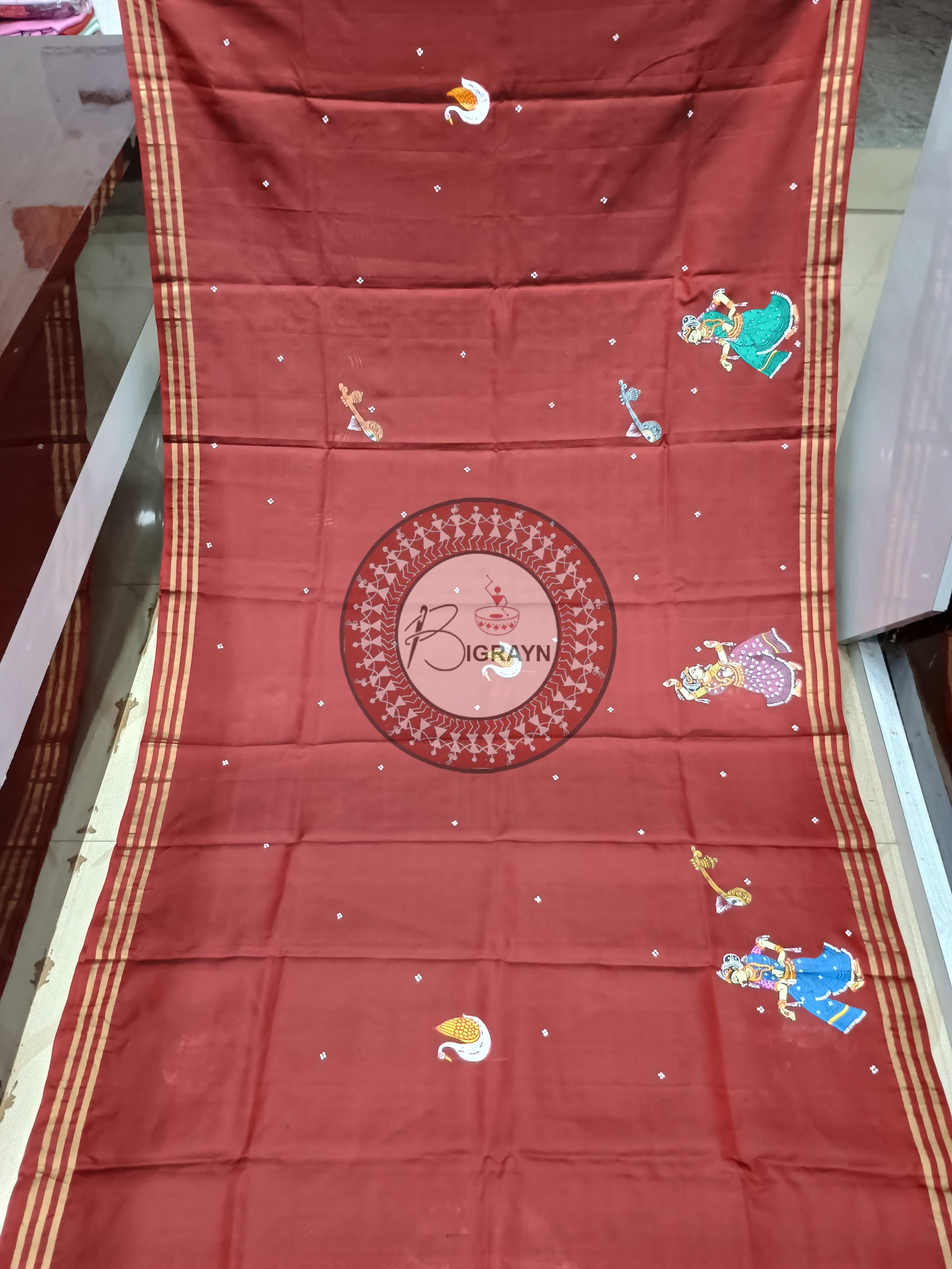 Maroon Saraswati Maa Theme Pattachitra Kanjivaram Silk Saree