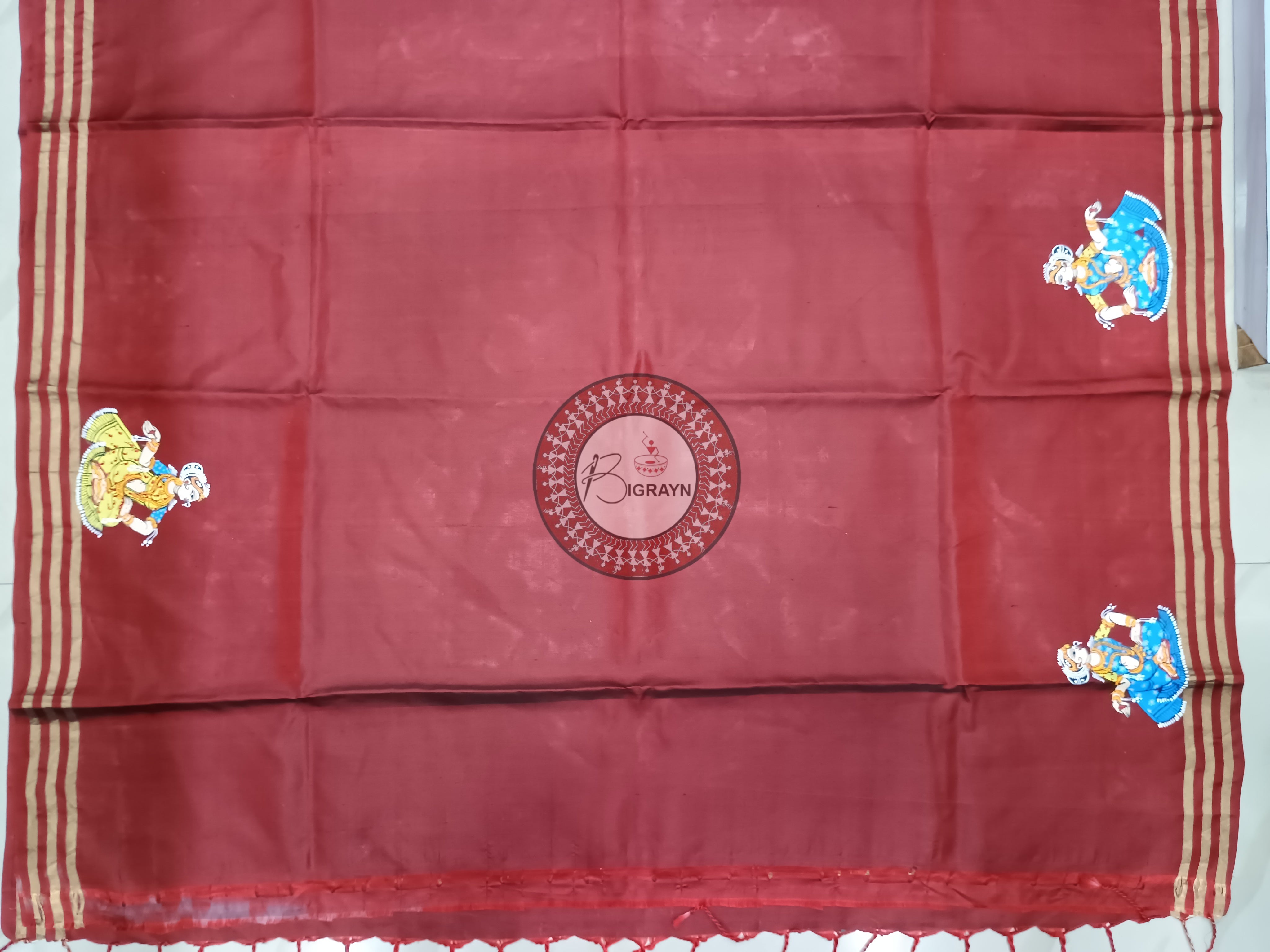 Maroon Saraswati Maa Theme Pattachitra Kanjivaram Silk Saree