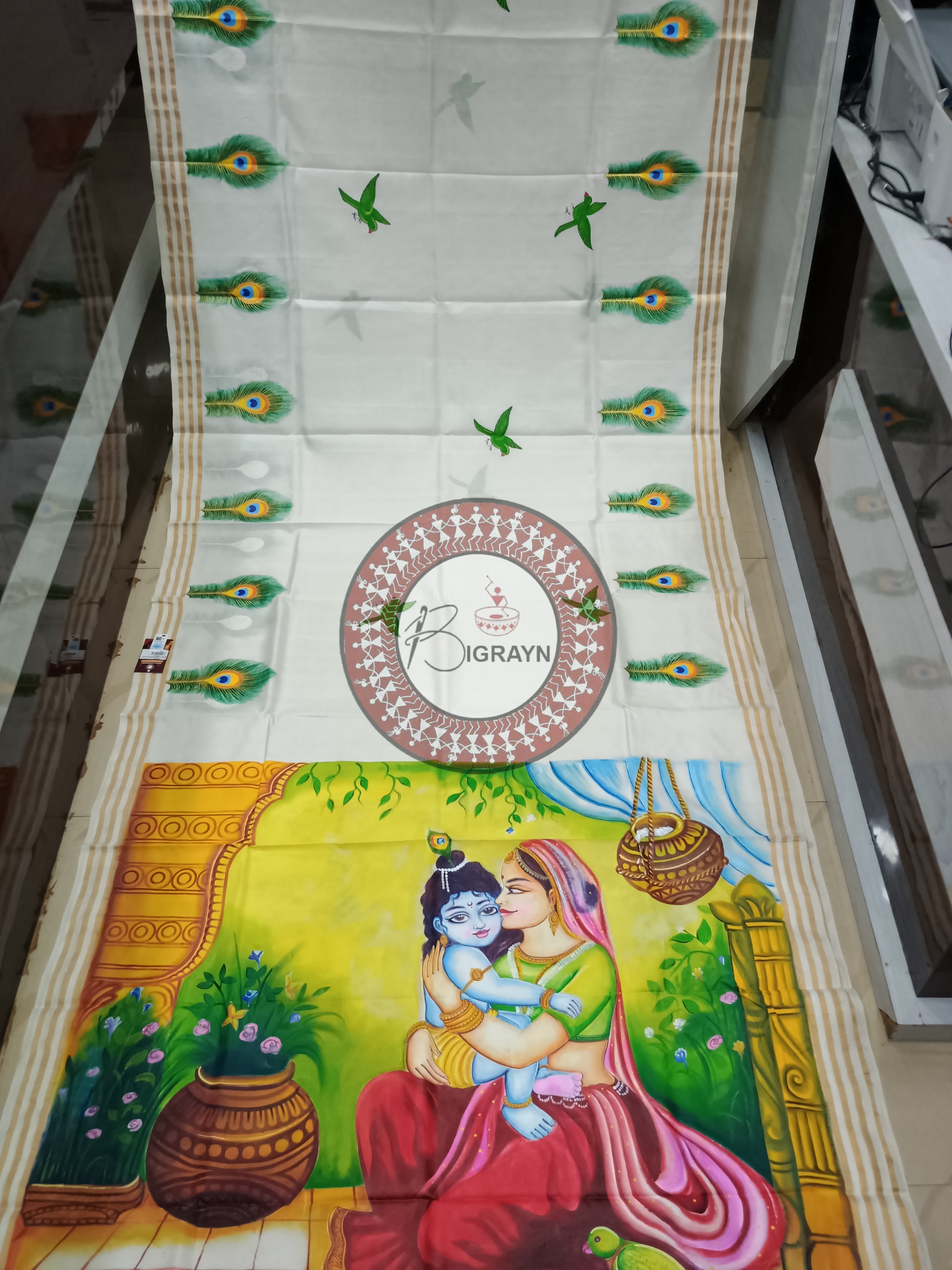 White Krushna Yashoda Maa Theme Pattachitra Kanjivaram Silk Saree