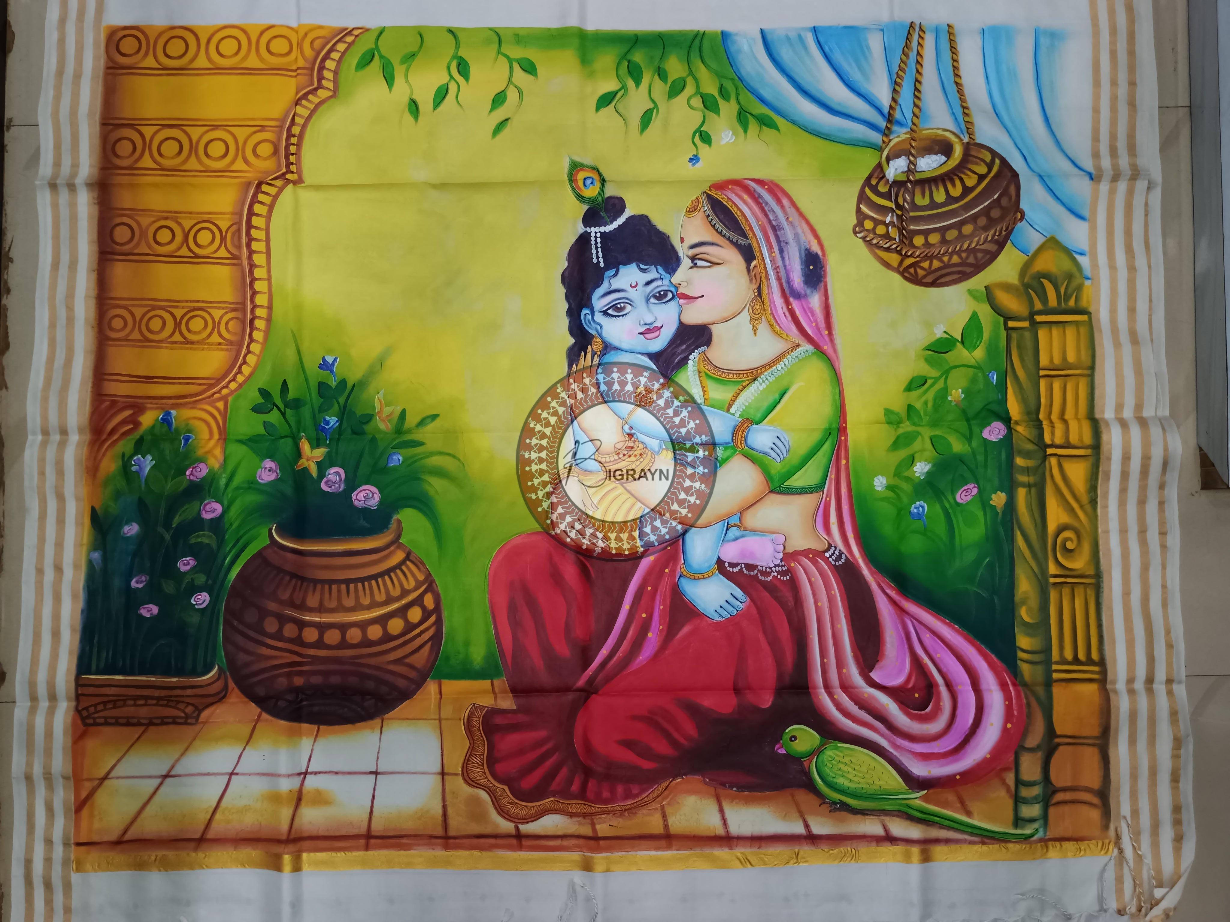 White Krushna Yashoda Maa Theme Pattachitra Kanjivaram Silk Saree