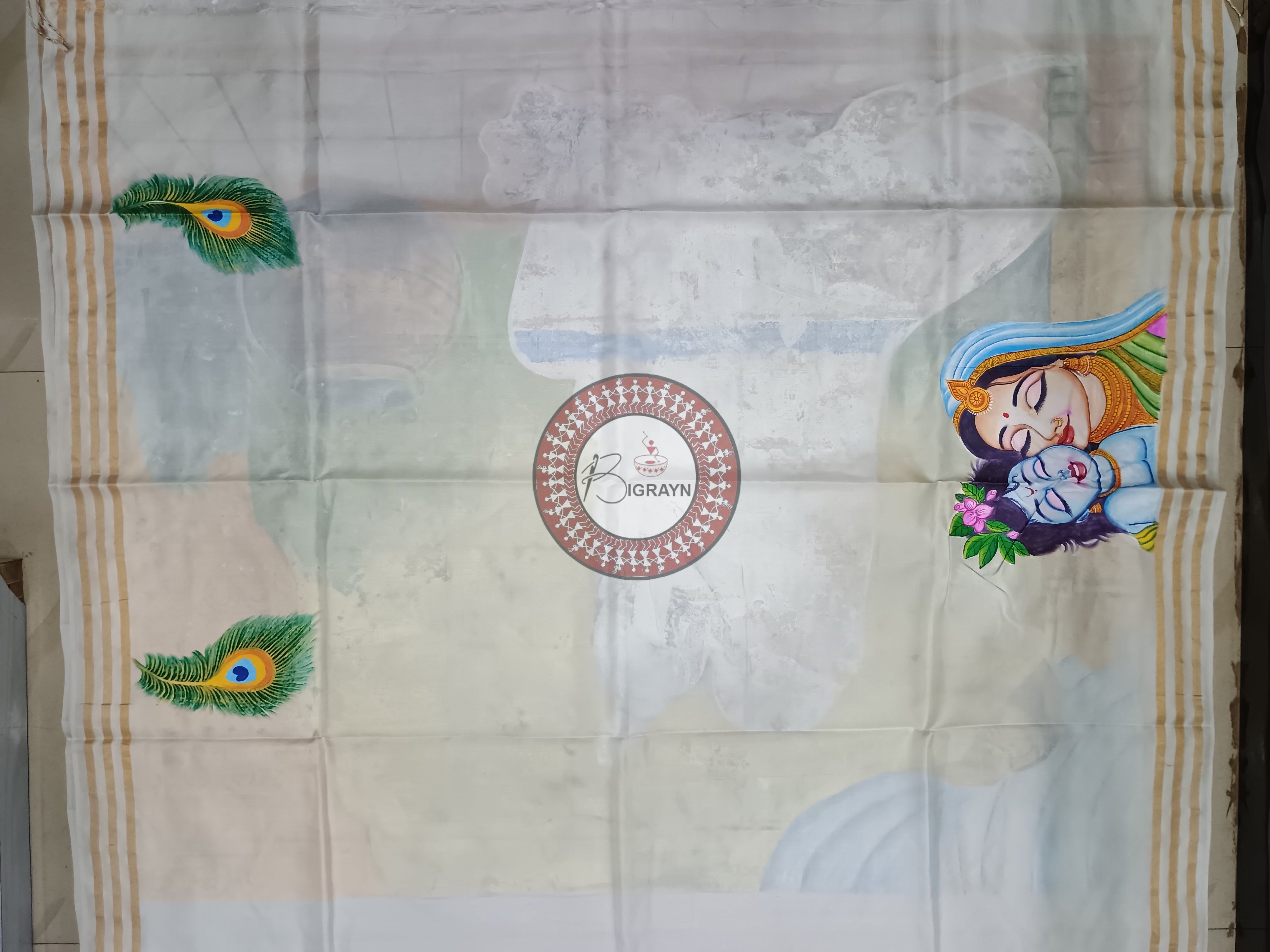 White Krushna Yashoda Maa Theme Pattachitra Kanjivaram Silk Saree