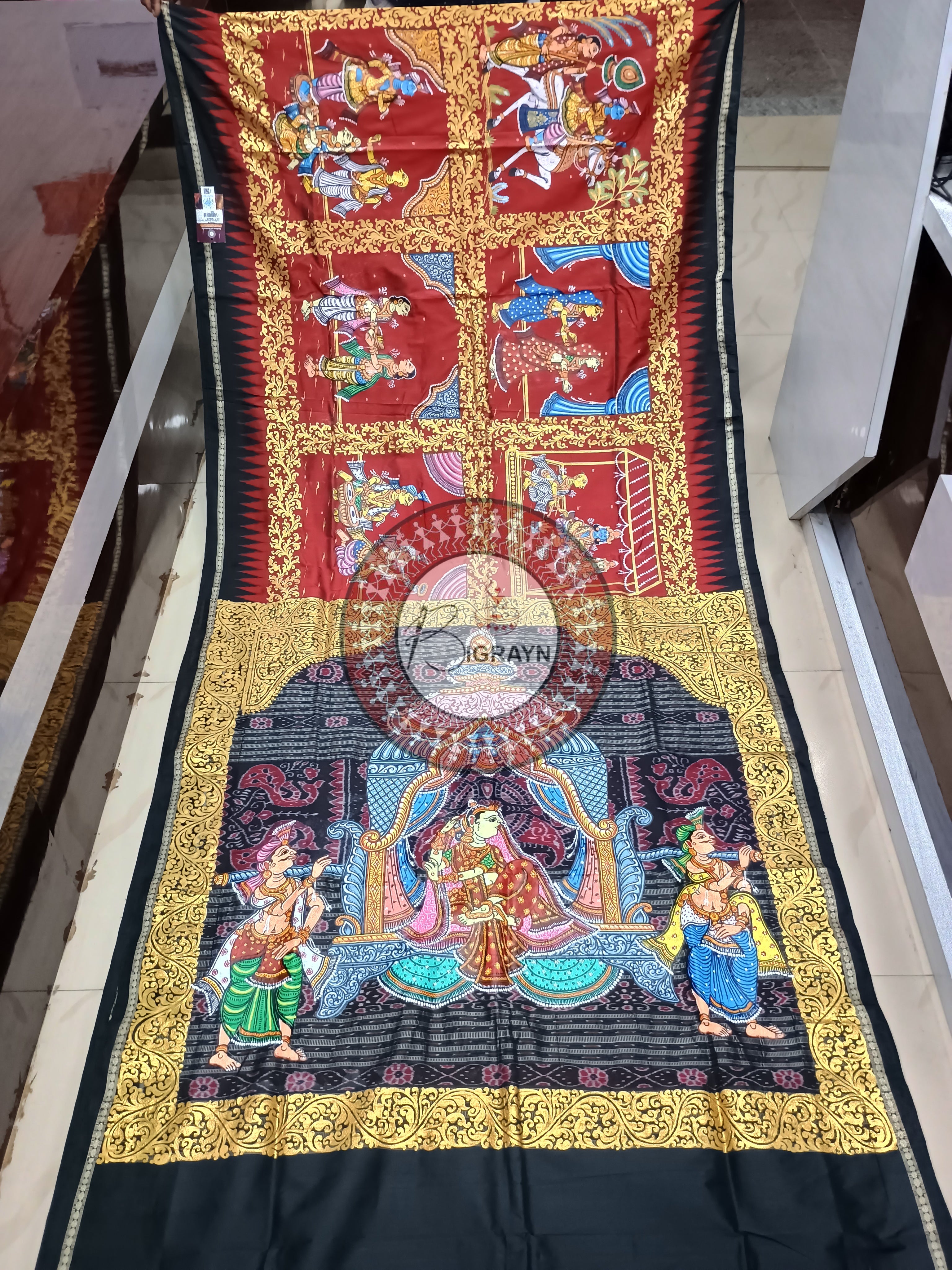 Red Black Box Marriage Theme Pattachitra Sambalpuri Silk Saree