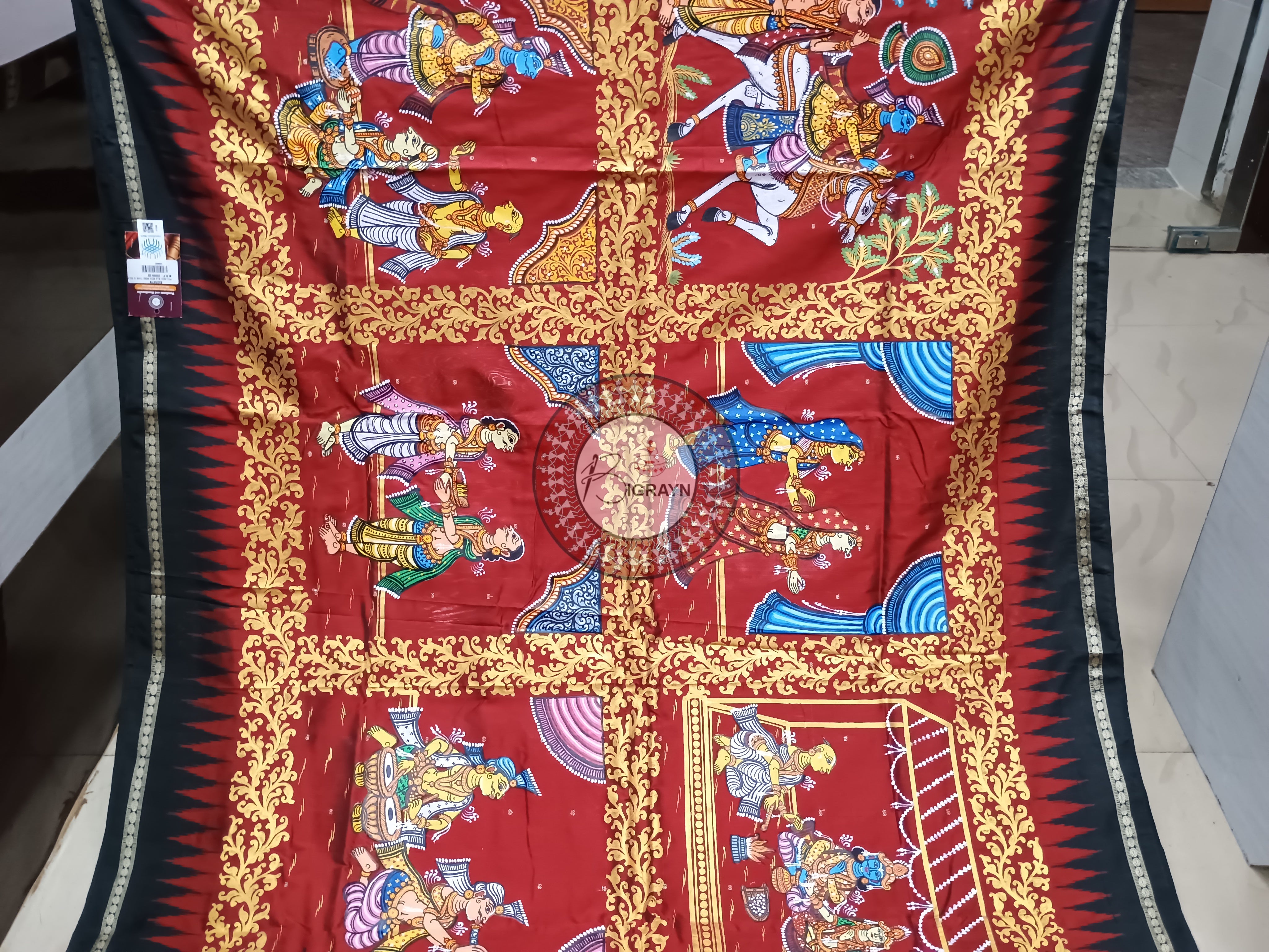 Red Black Box Marriage Theme Pattachitra Sambalpuri Silk Saree