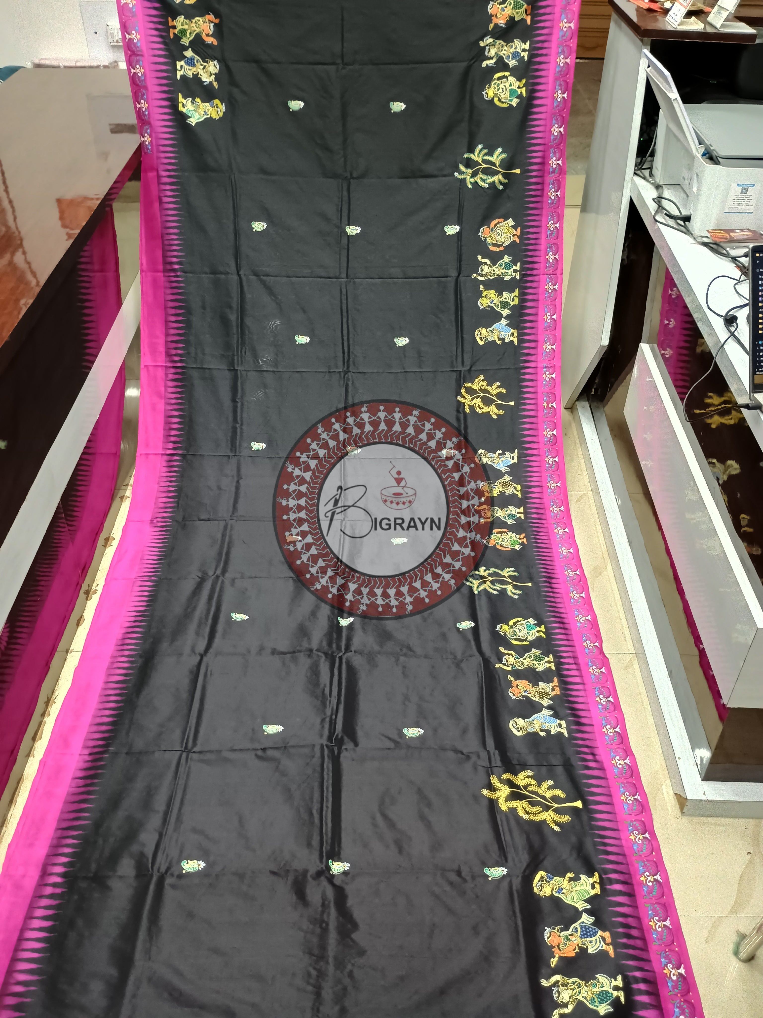 Black Magenta Nabakeli Boita Theme Pattachitra Sambalpuri Silk Saree