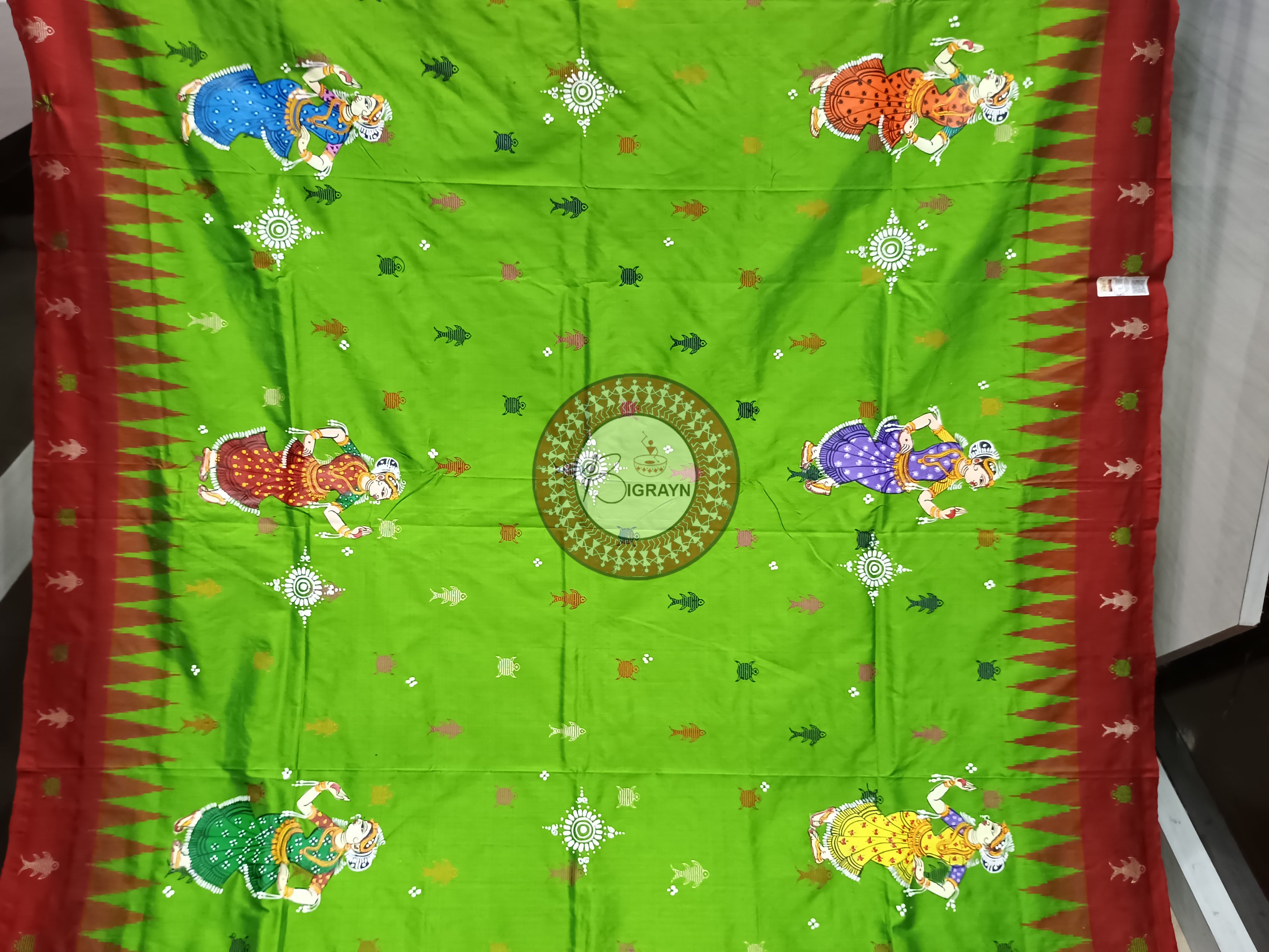 Green Red Dancer Mastya Kachhap Theme Pattachitra Sambalpuri Silk Saree