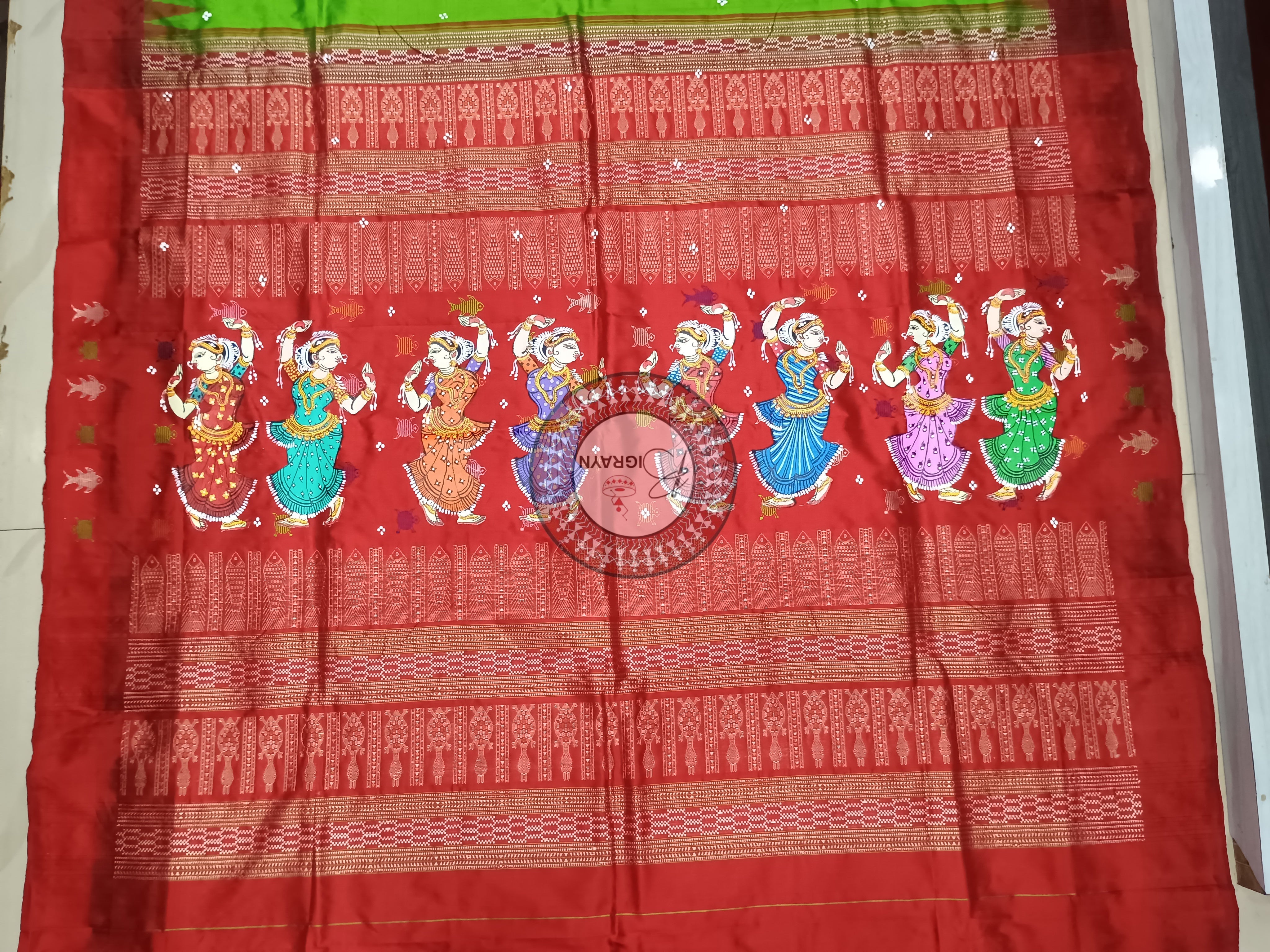 Green Red Dancer Mastya Kachhap Theme Pattachitra Sambalpuri Silk Saree