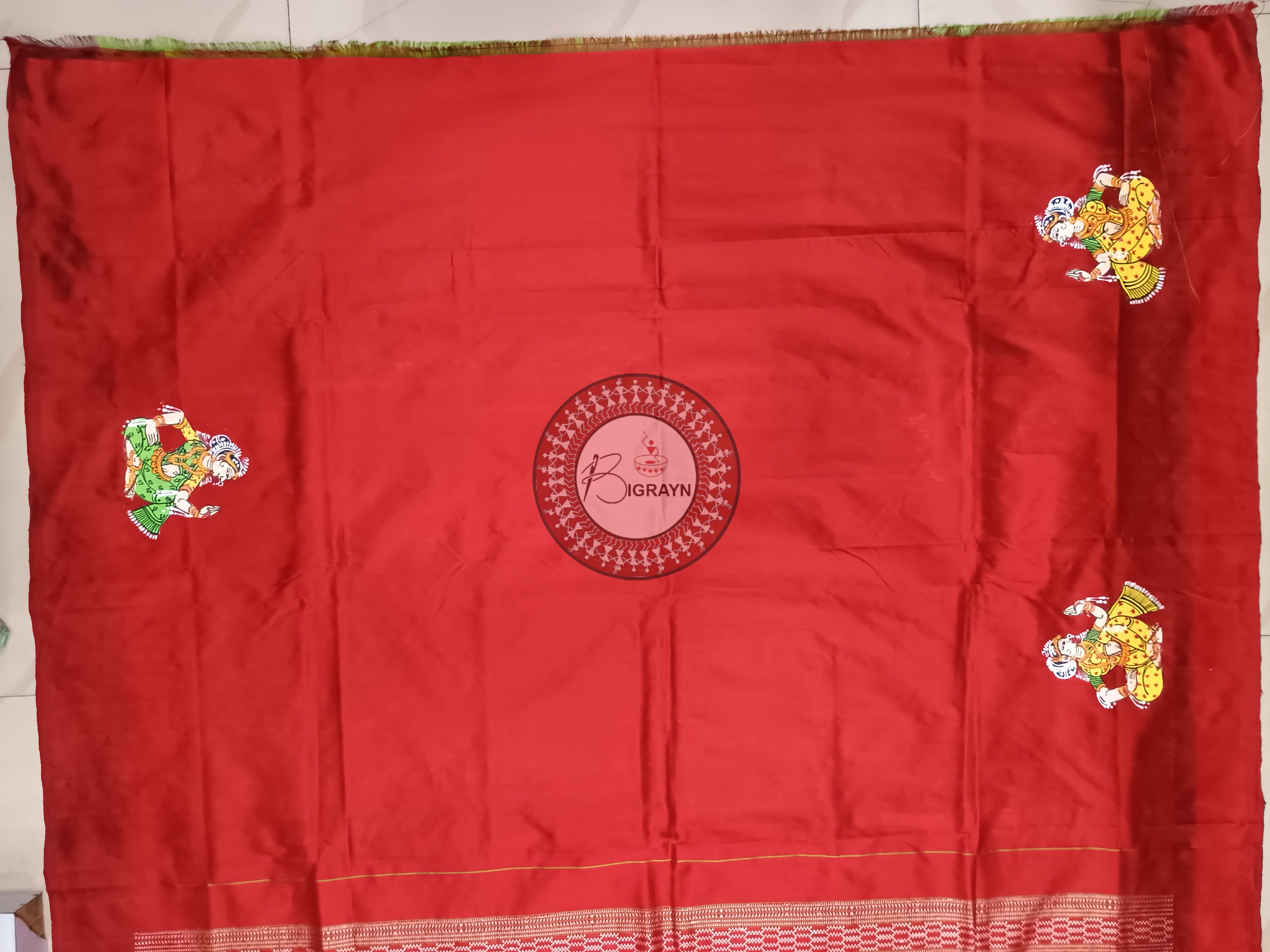 Green Red Dancer Mastya Kachhap Theme Pattachitra Sambalpuri Silk Saree