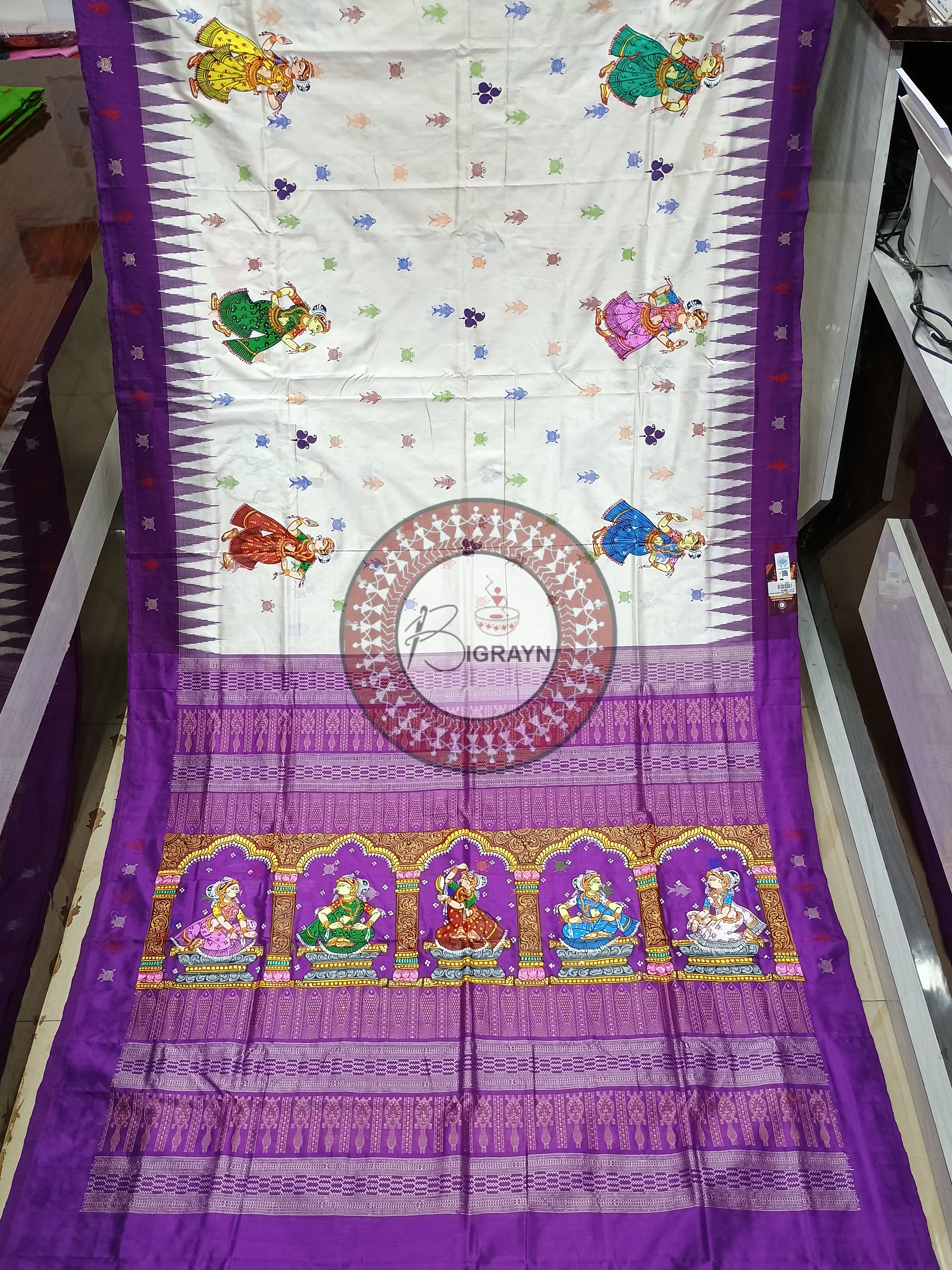 White Purple Mastya Kachhap Theme Pattachitra Sambalpuri Silk Saree