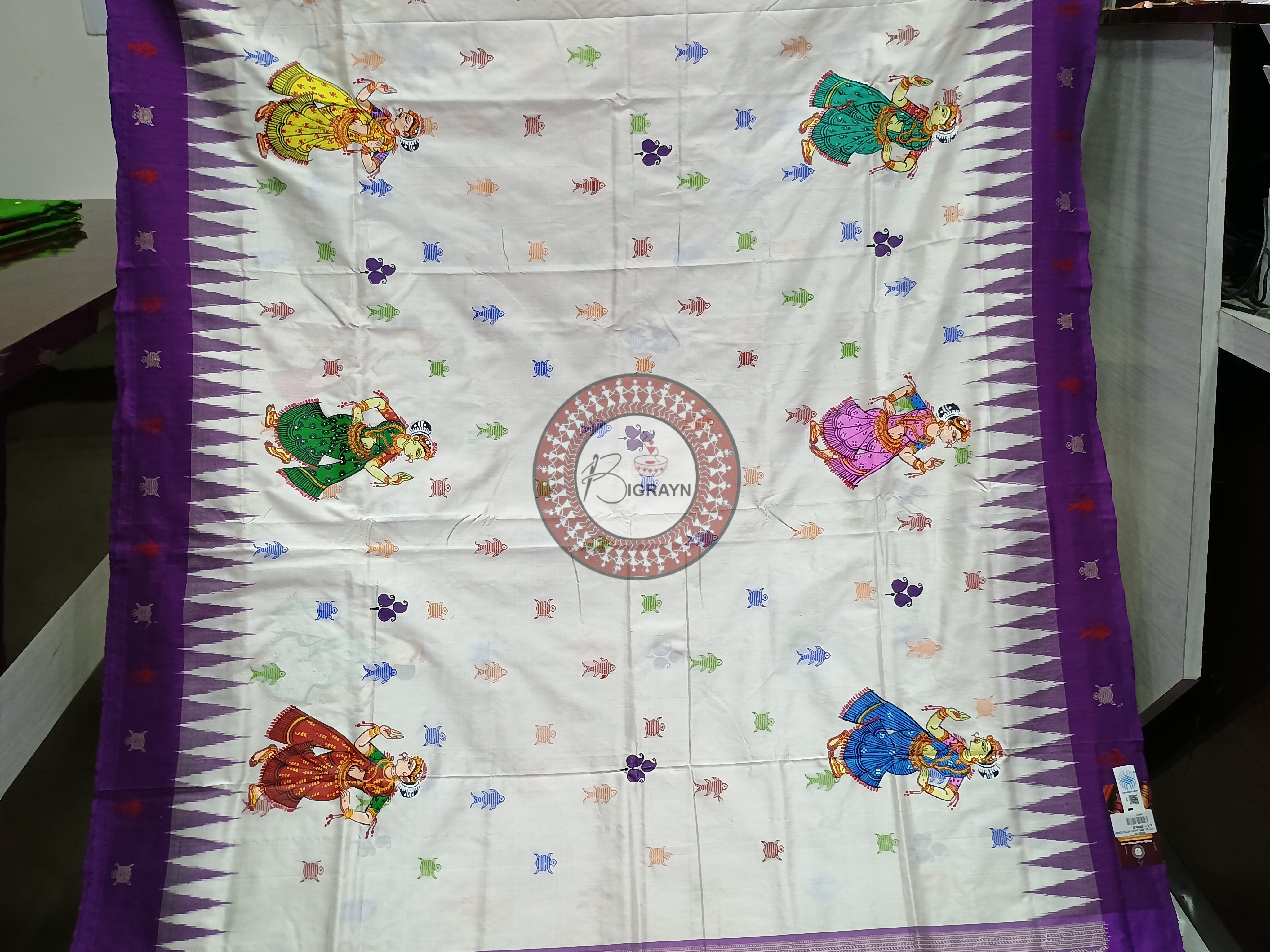 White Purple Mastya Kachhap Theme Pattachitra Sambalpuri Silk Saree