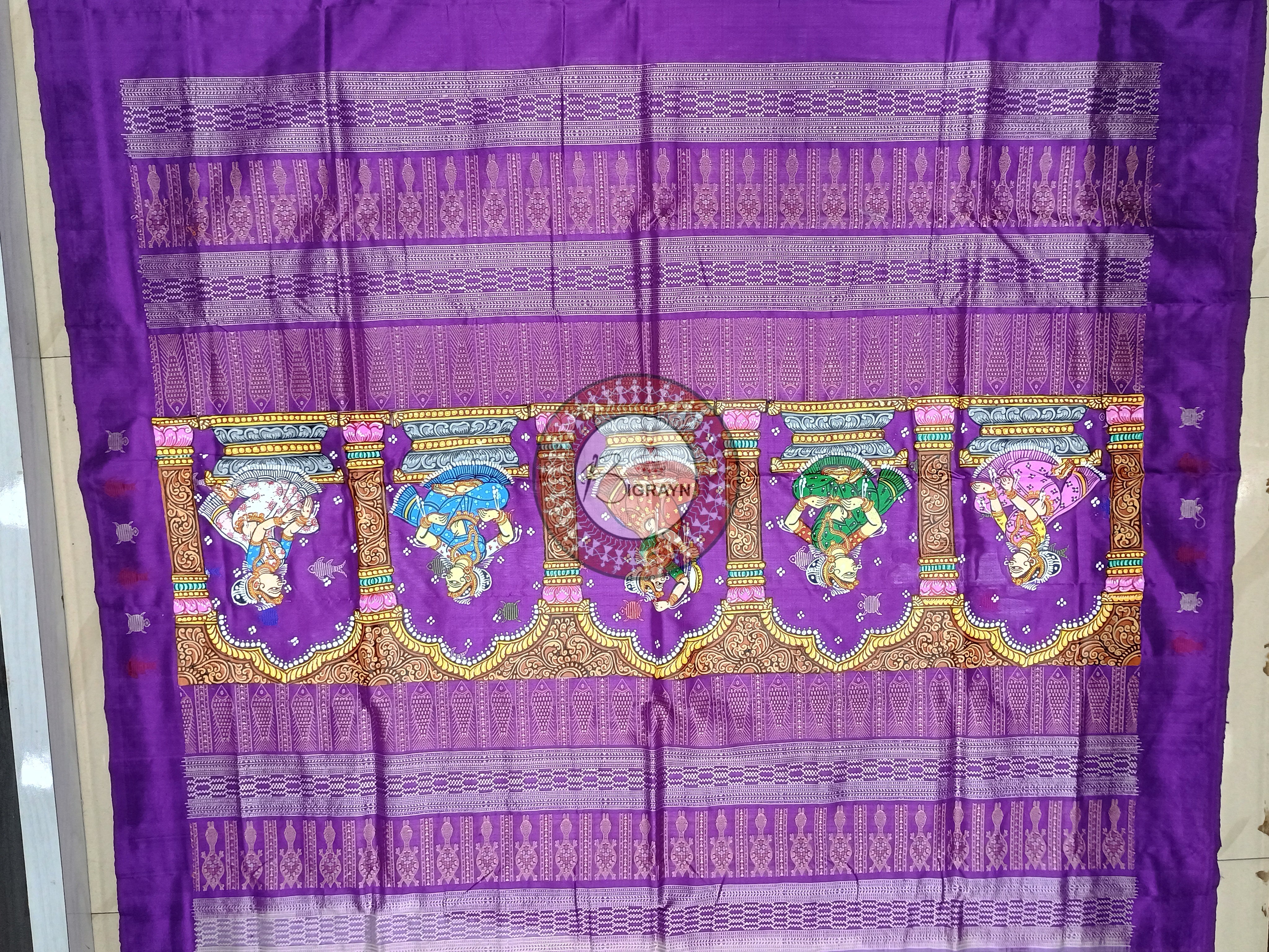 White Purple Mastya Kachhap Theme Pattachitra Sambalpuri Silk Saree