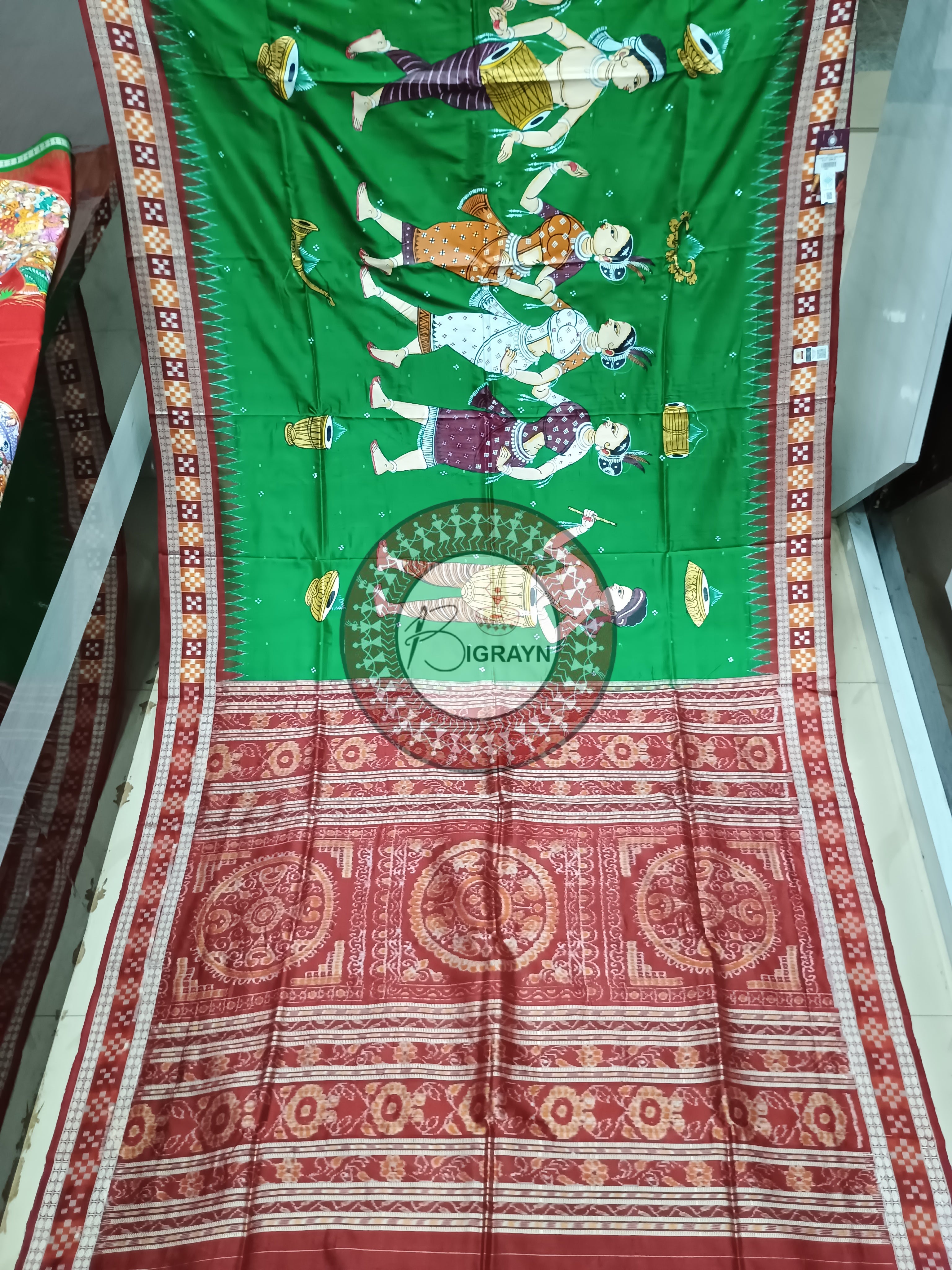 Green Maroon Chau Dance Pattachitra Silk Saree