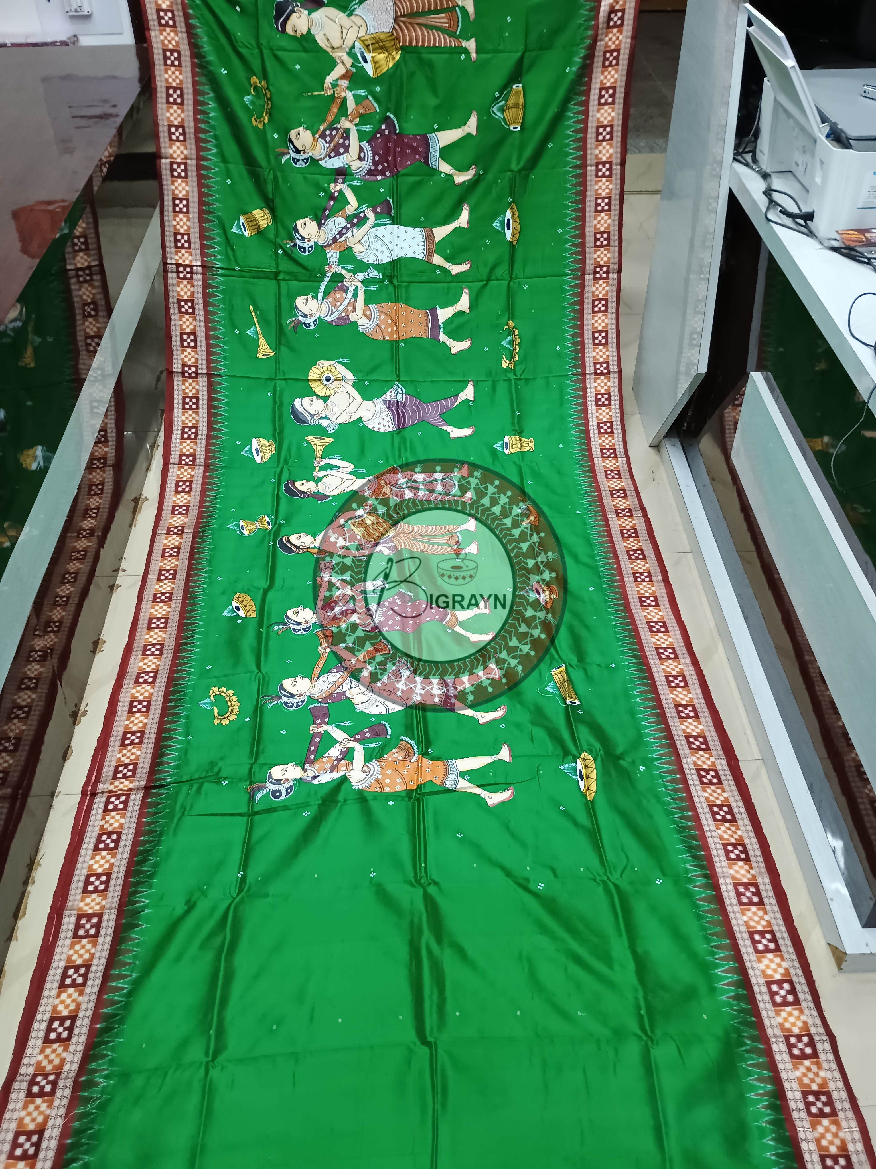 Green Maroon Chau Dance Pattachitra Silk Saree