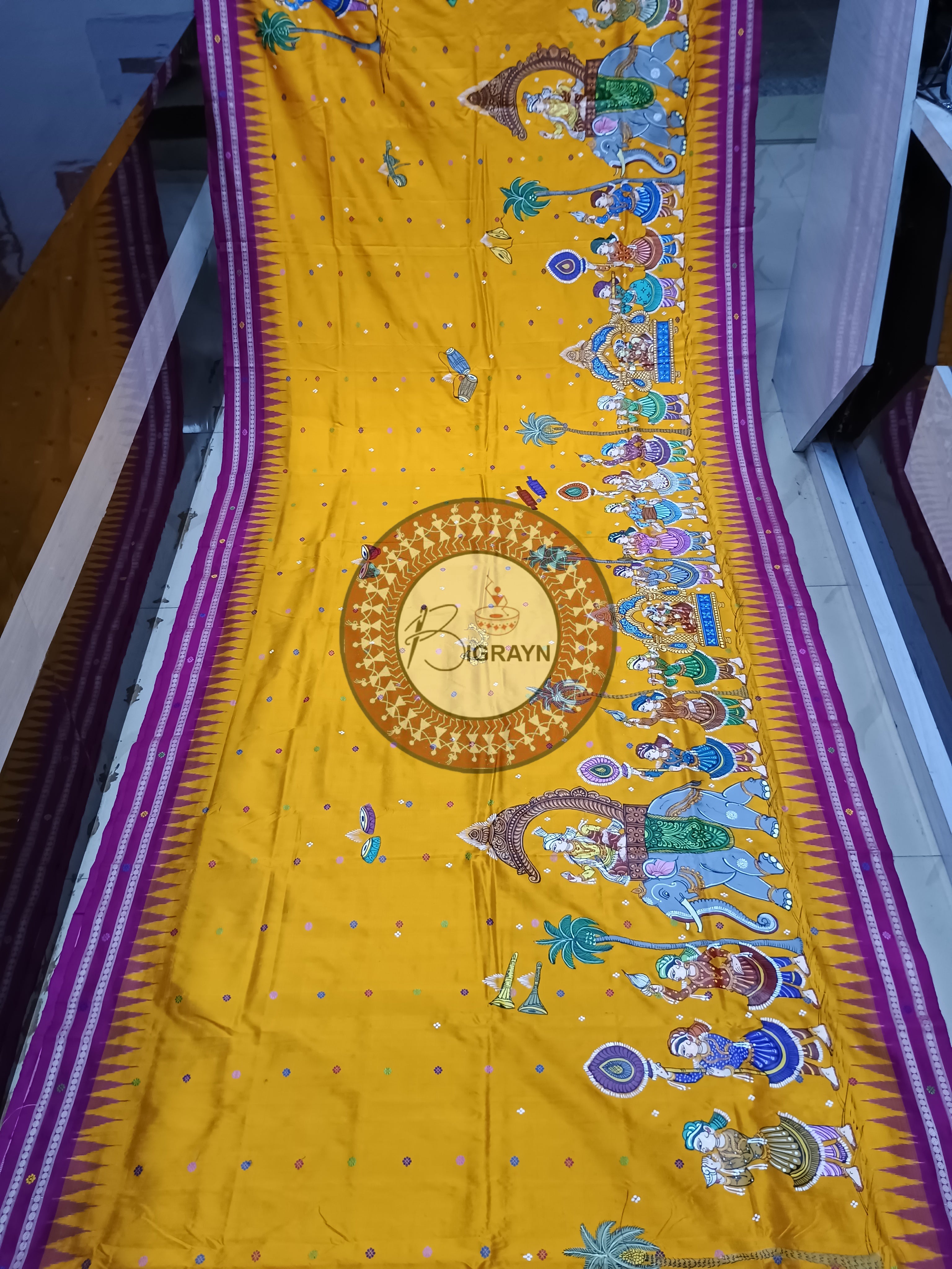 Yellow Magenta Marriage Dolabedi Theme Pattachitra Silk Saree