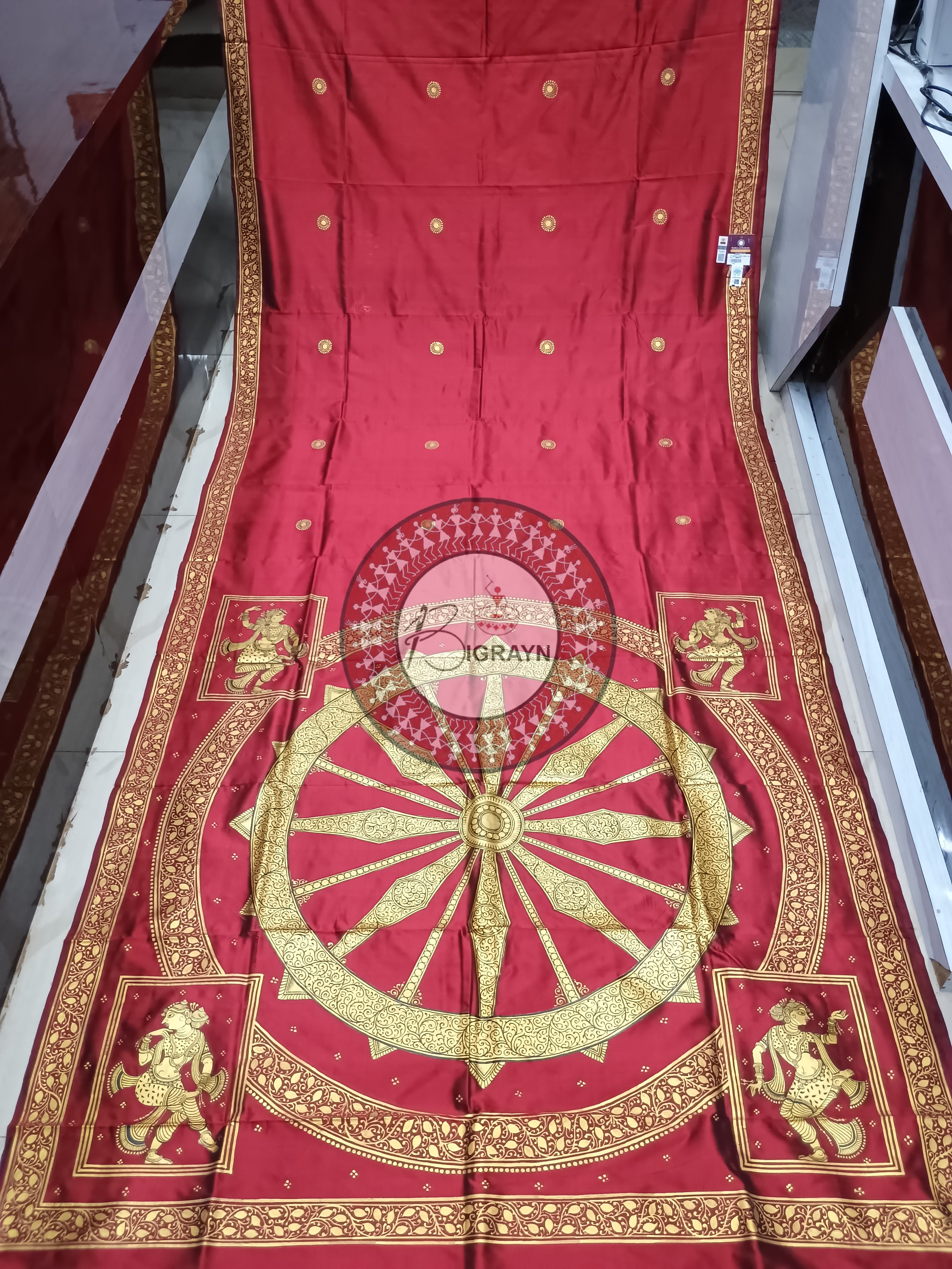 Maroon Konark Wheel Theme Pattachitra Silk Saree