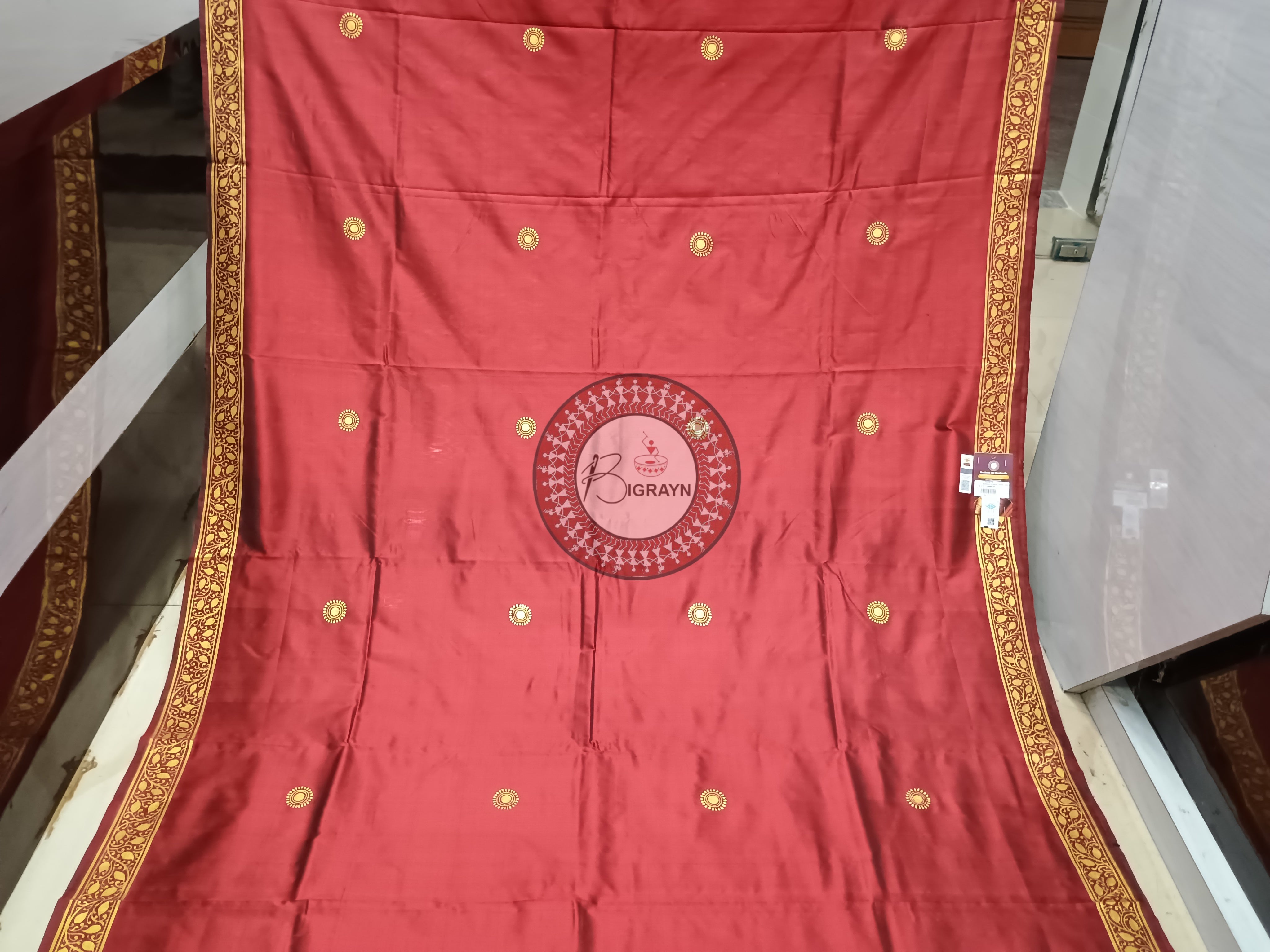 Maroon Konark Wheel Theme Pattachitra Silk Saree