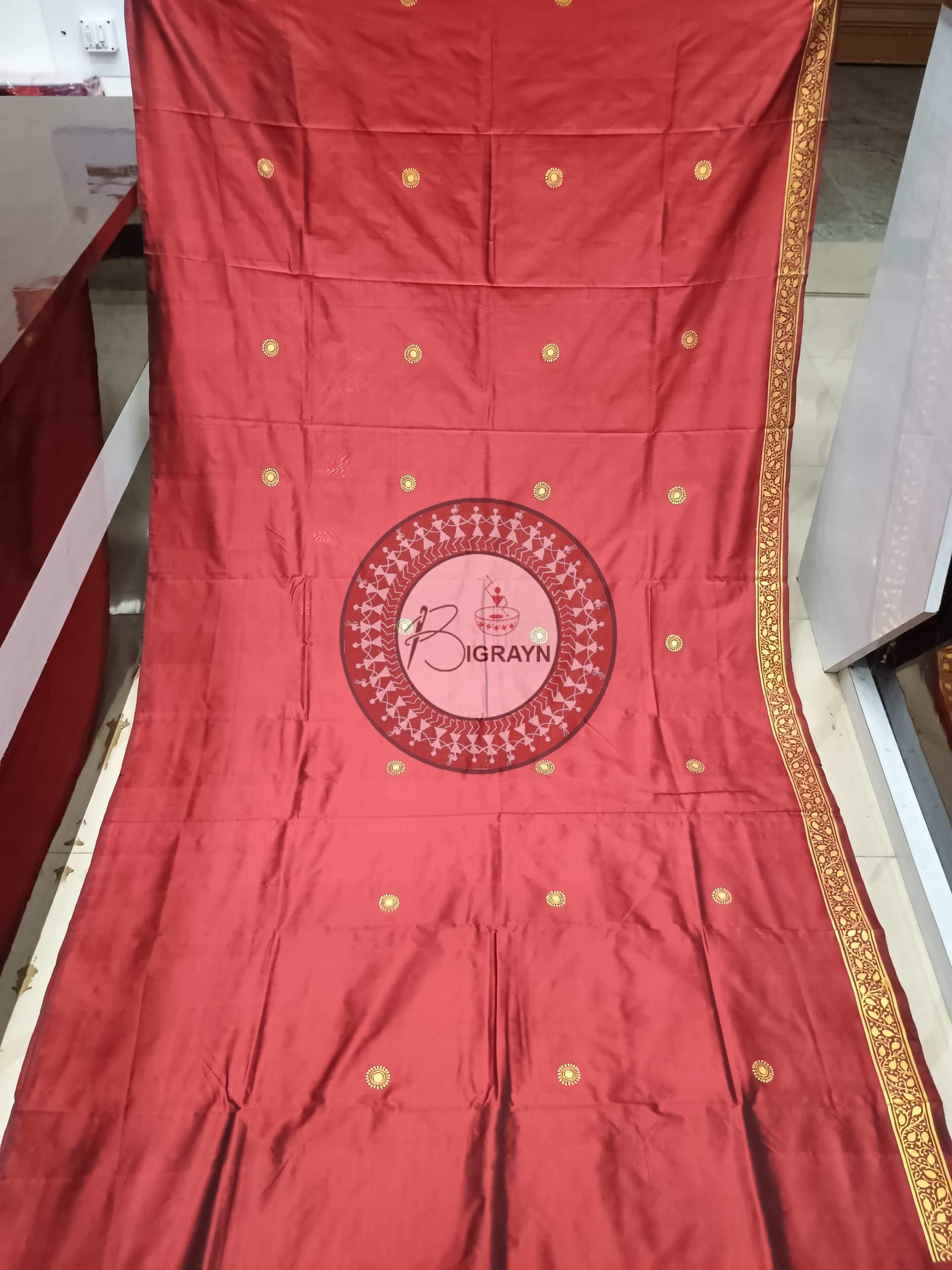 Maroon Konark Wheel Theme Pattachitra Silk Saree