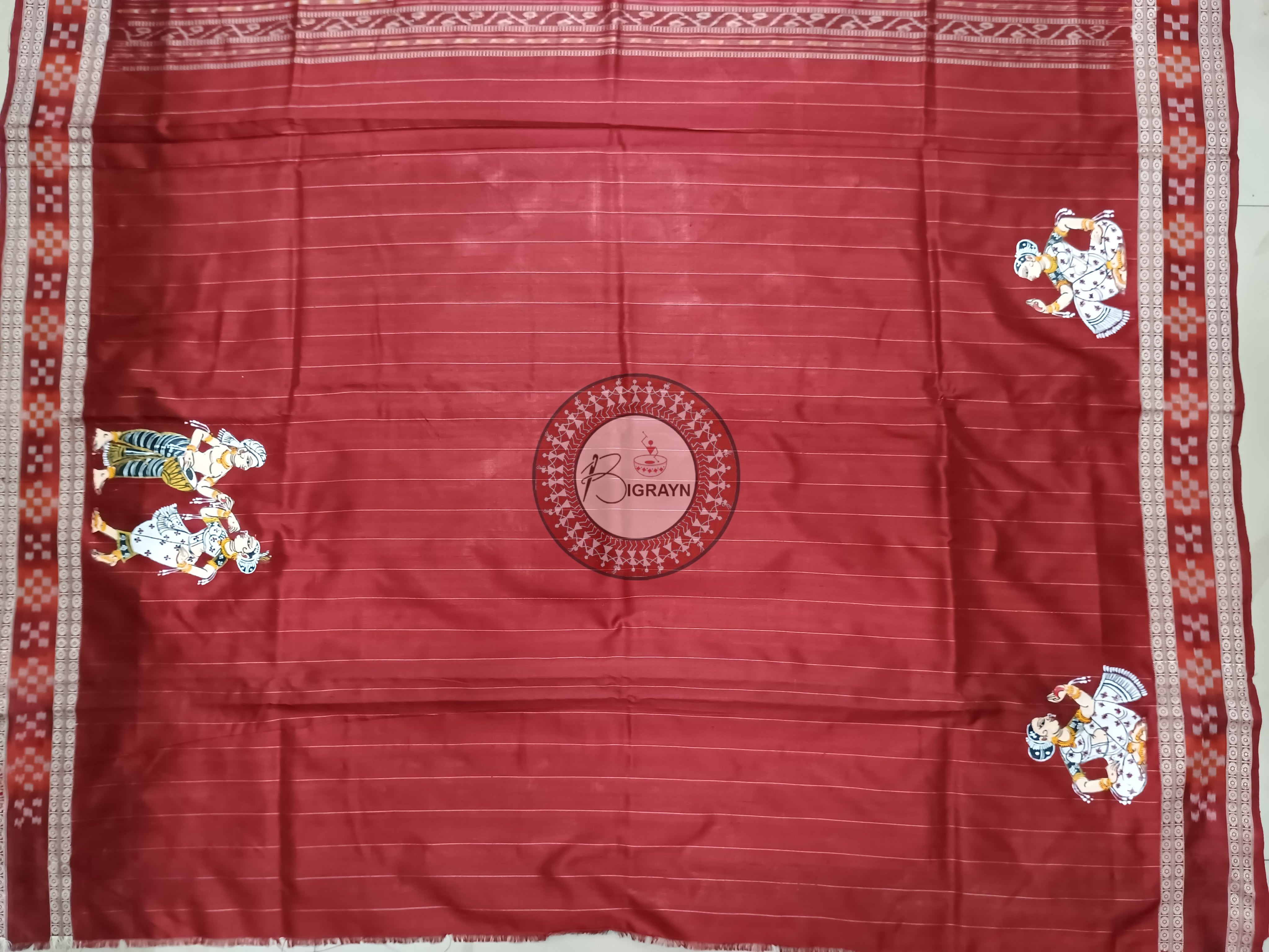 Aqua and Maroon Chau Dance Theme Pattachitra Silk Saree