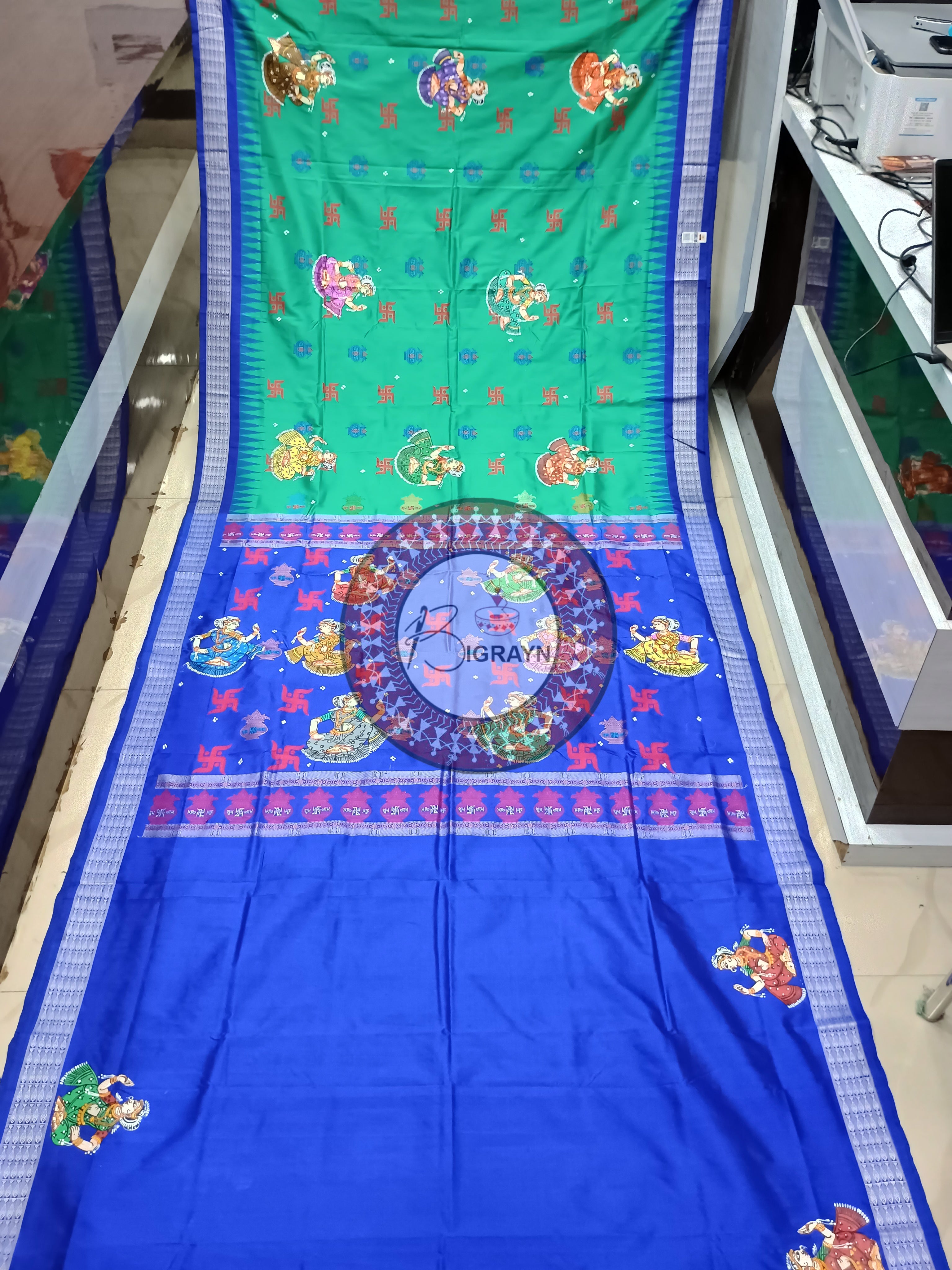 Sea Green Dancer Swastik Kalash Pattachitra Silk Saree