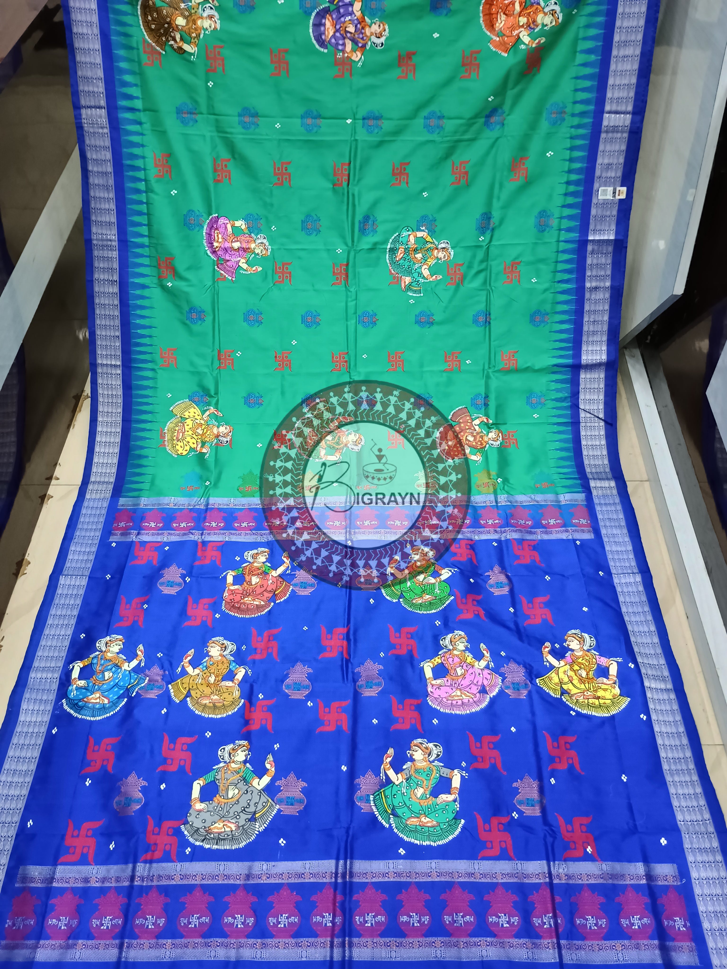 Sea Green Dancer Swastik Kalash Pattachitra Silk Saree