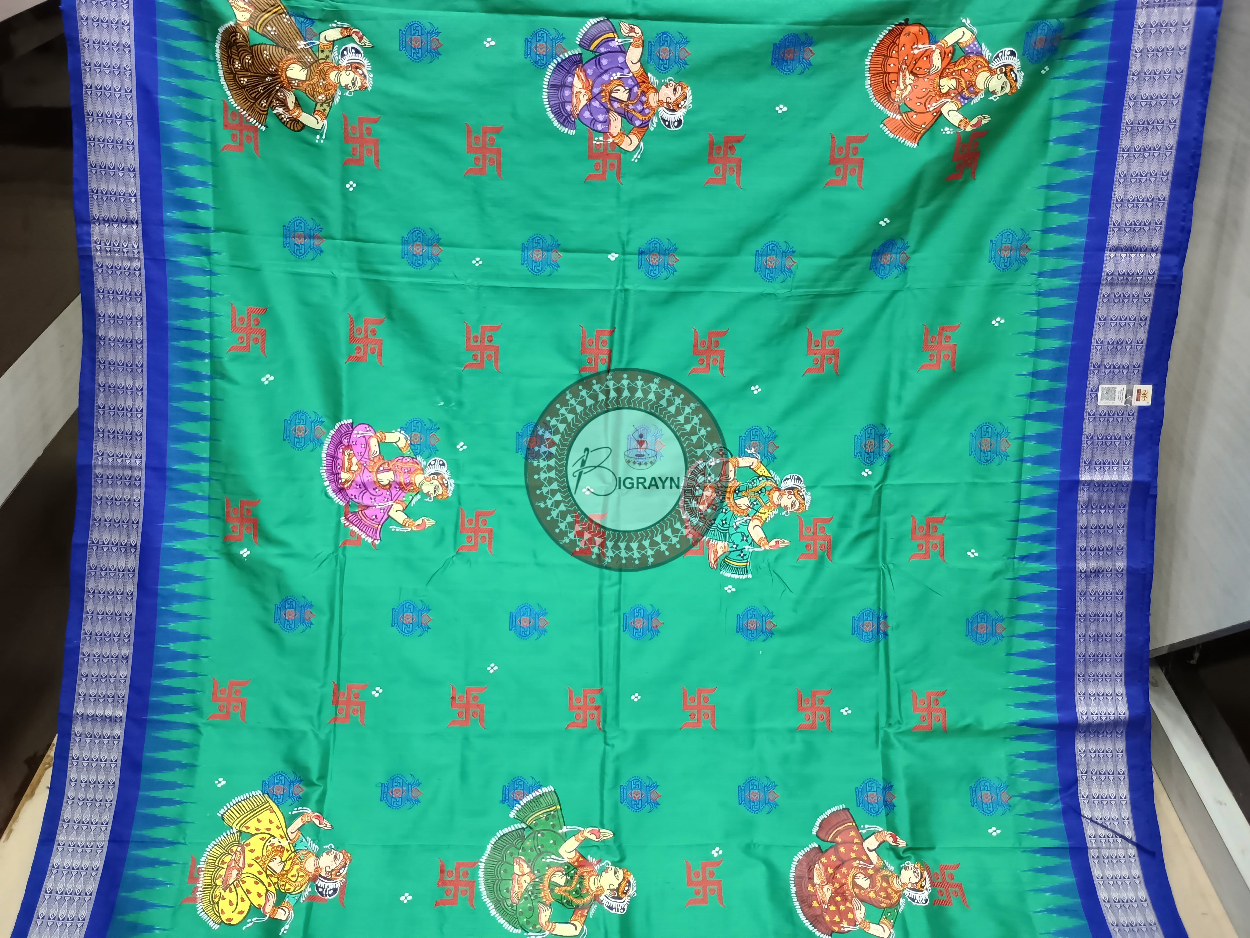 Sea Green Dancer Swastik Kalash Pattachitra Silk Saree