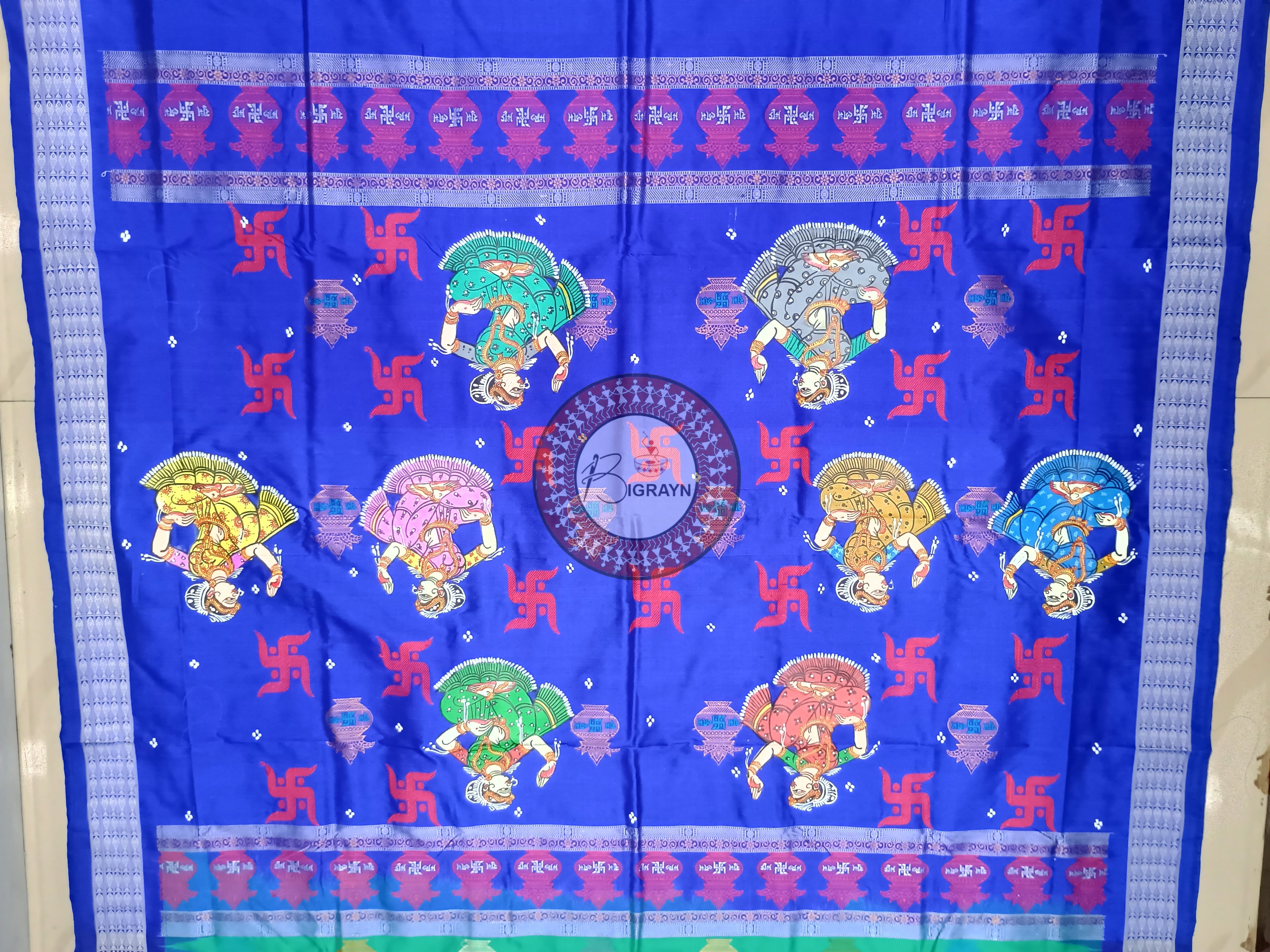 Sea Green Dancer Swastik Kalash Pattachitra Silk Saree