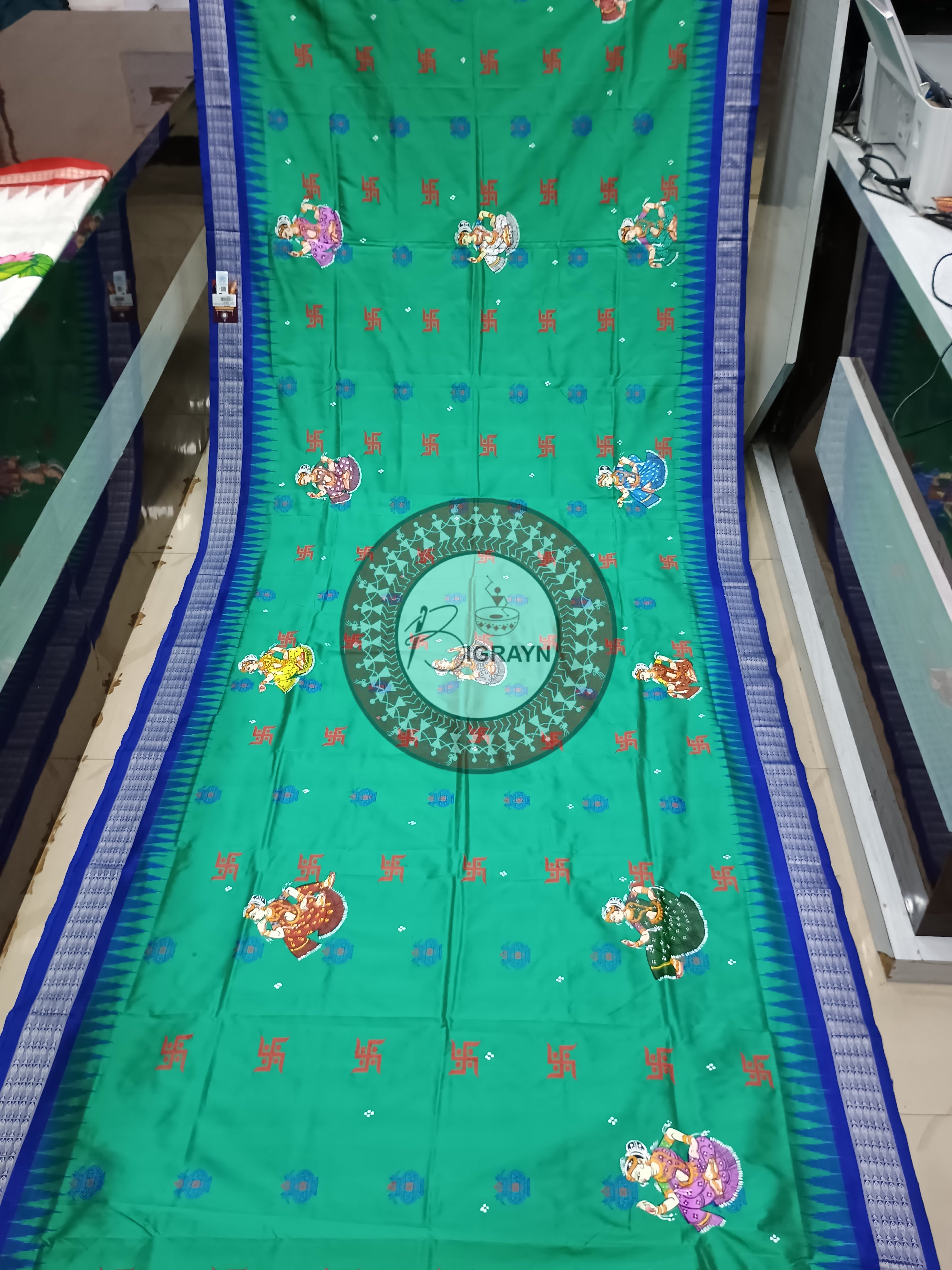 Sea Green Dancer Swastik Kalash Pattachitra Silk Saree