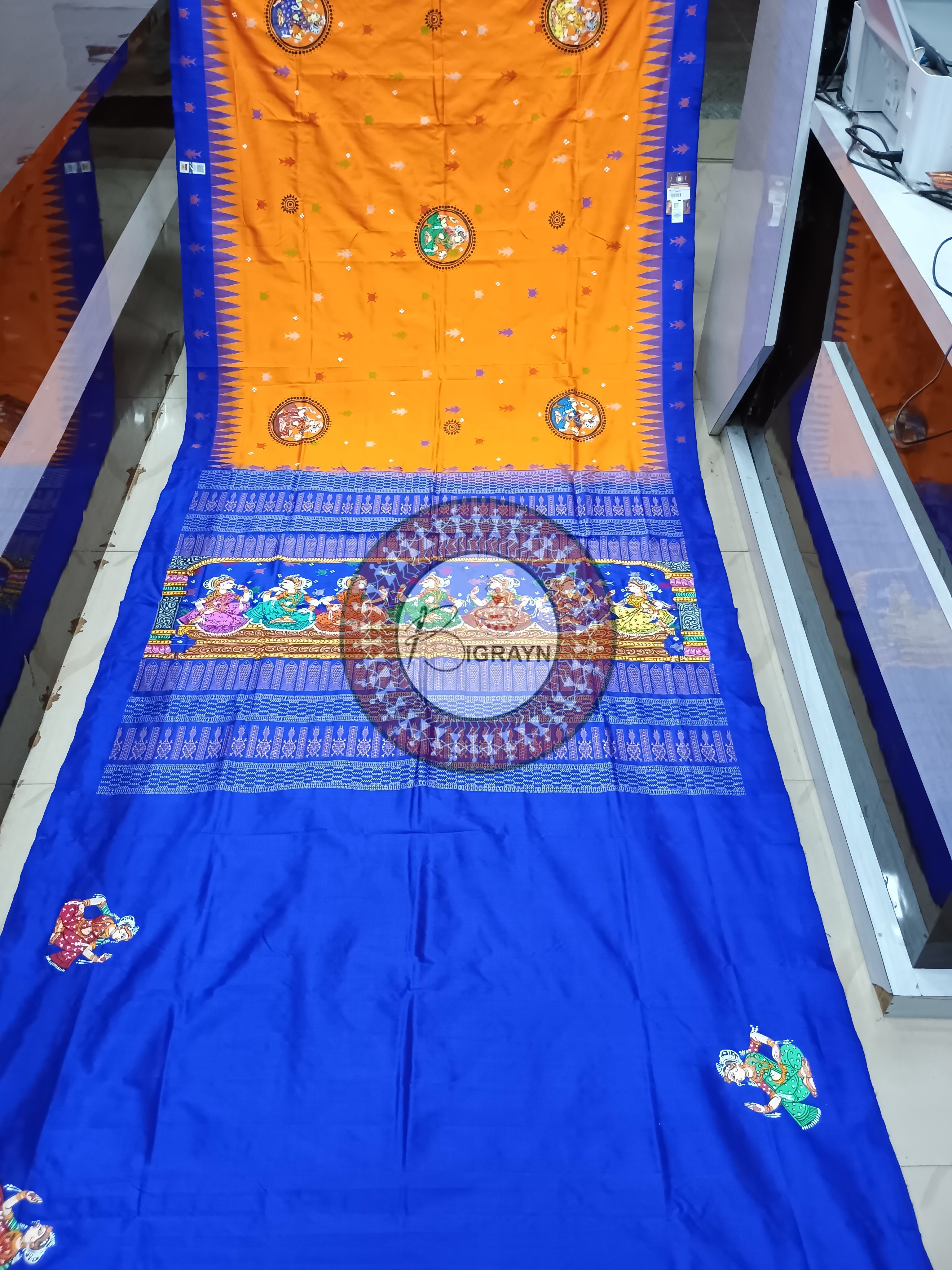 Orange Blue Mastya Kachhap With Dancer Pattachitra Silk Saree