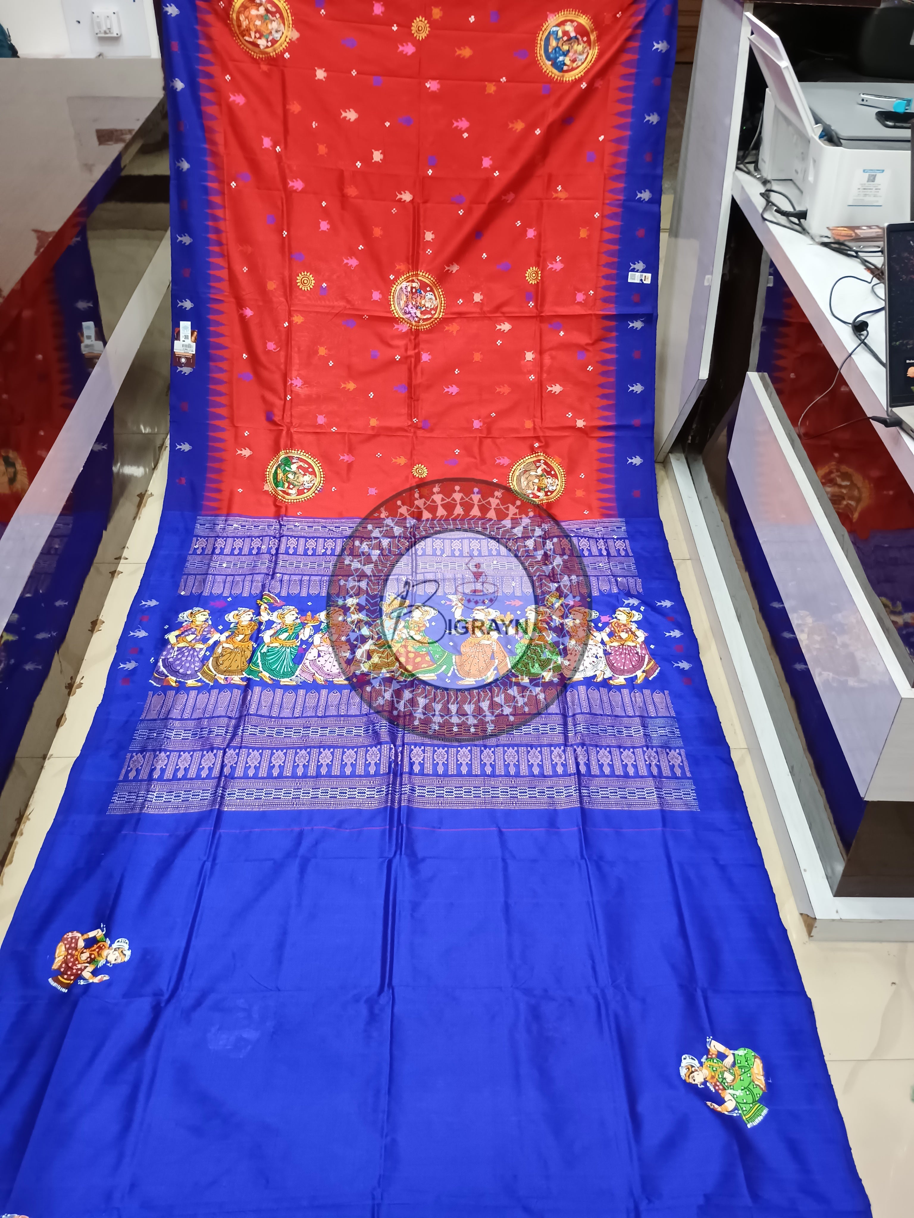 Red Blue Mastya kachhap With Dancer Theme Pattachitra Silk Saree