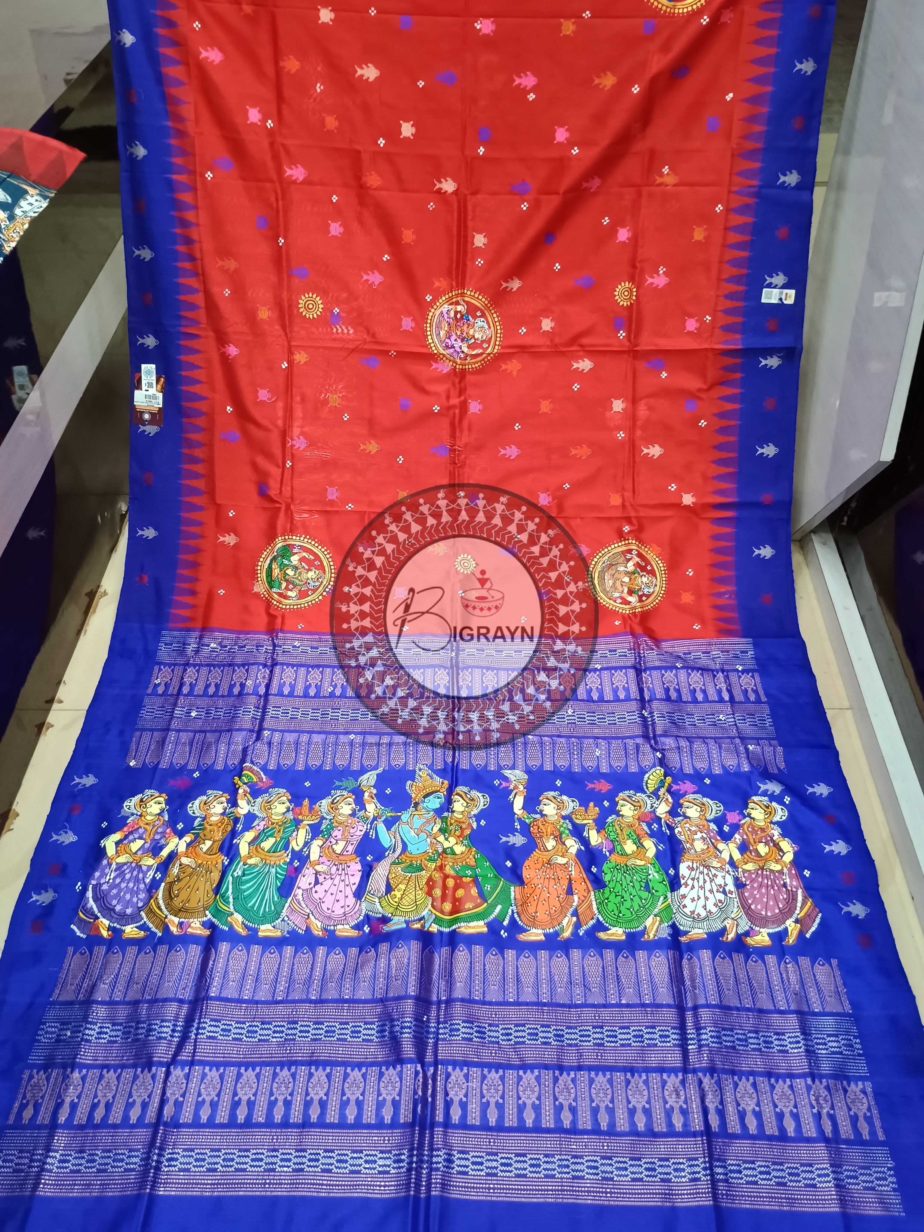 Red Blue Mastya kachhap With Dancer Theme Pattachitra Silk Saree