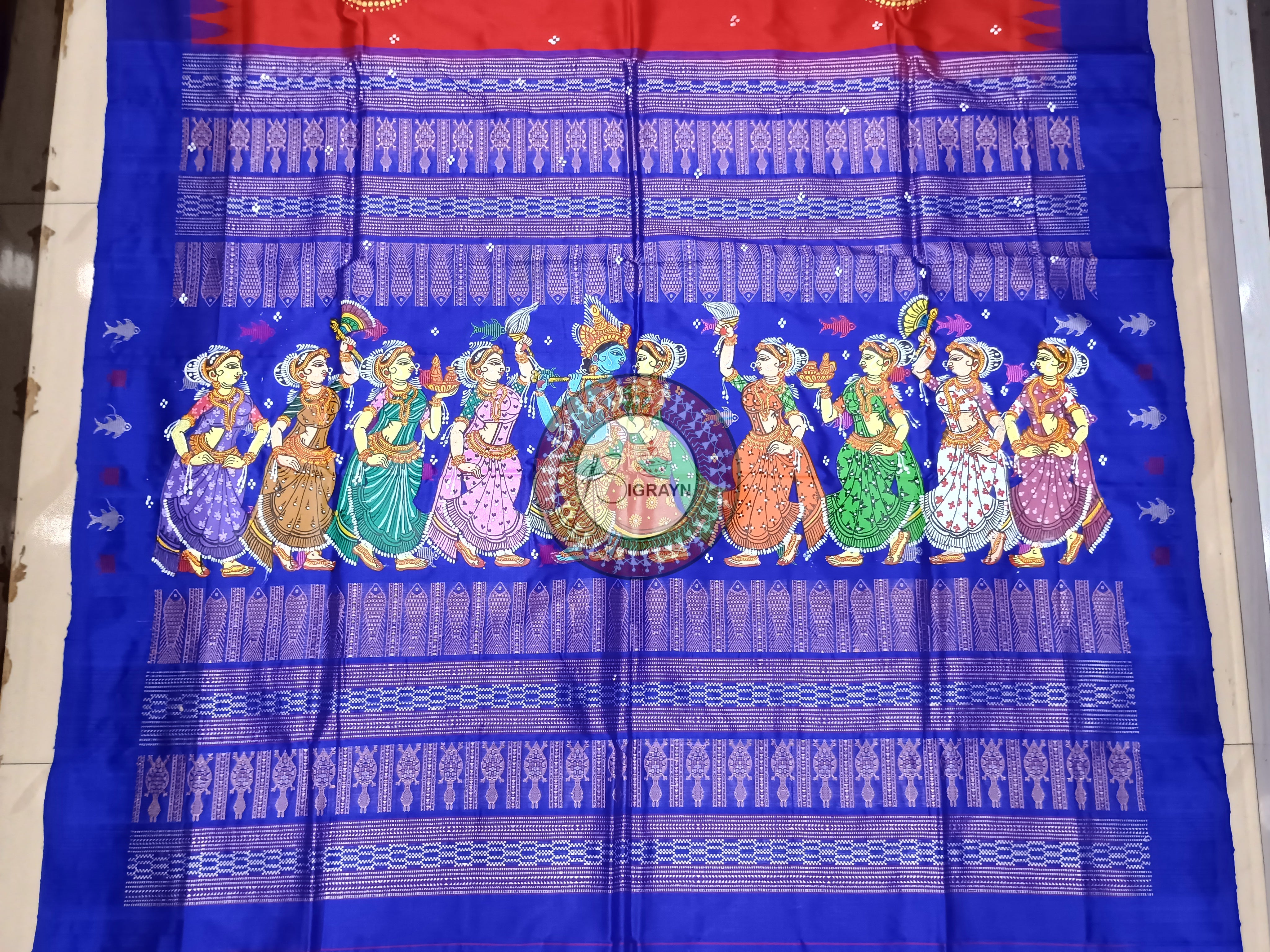 Red Blue Mastya kachhap With Dancer Theme Pattachitra Silk Saree