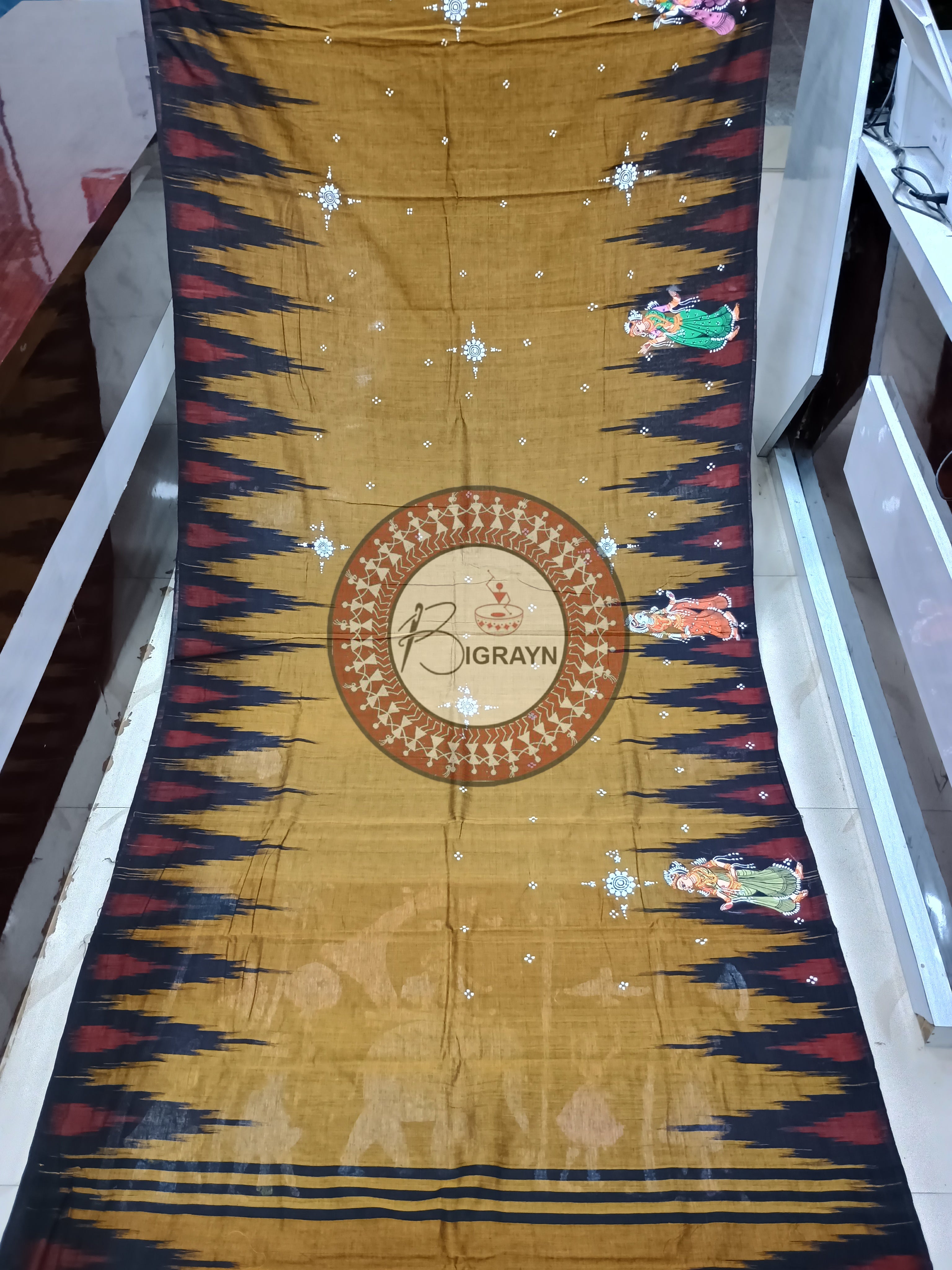 Golden Ashoka Theme Pattachitra Cotton Saree