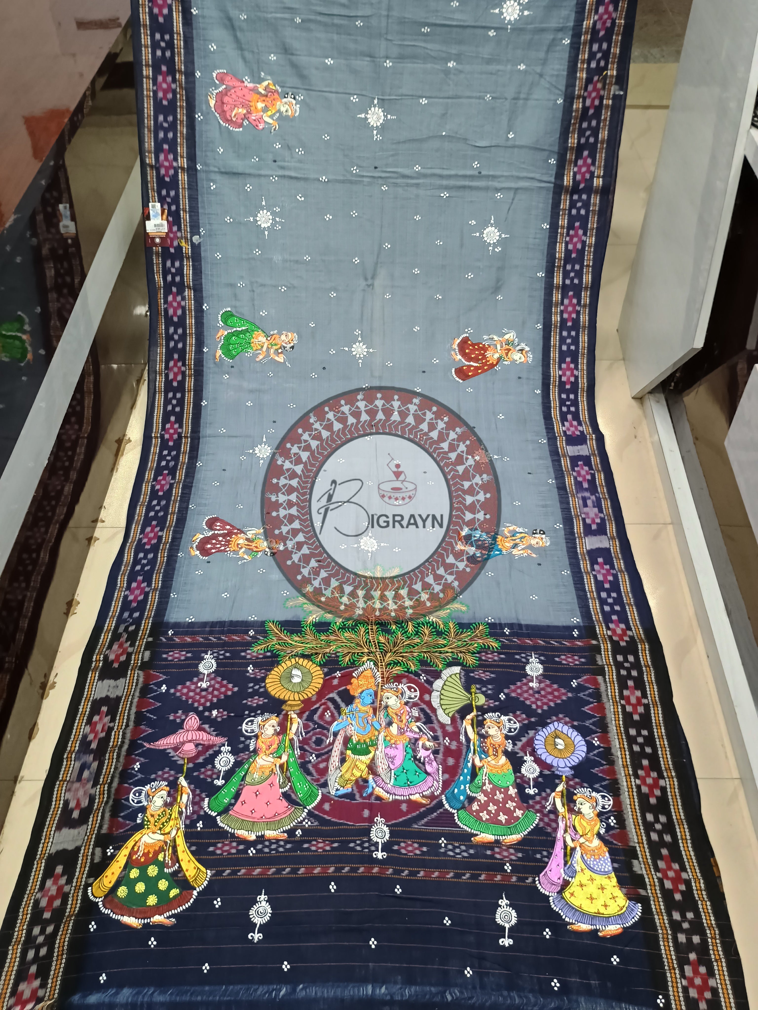Grey Black Radha Krishna Rasa Pattachitra Cotton Saree